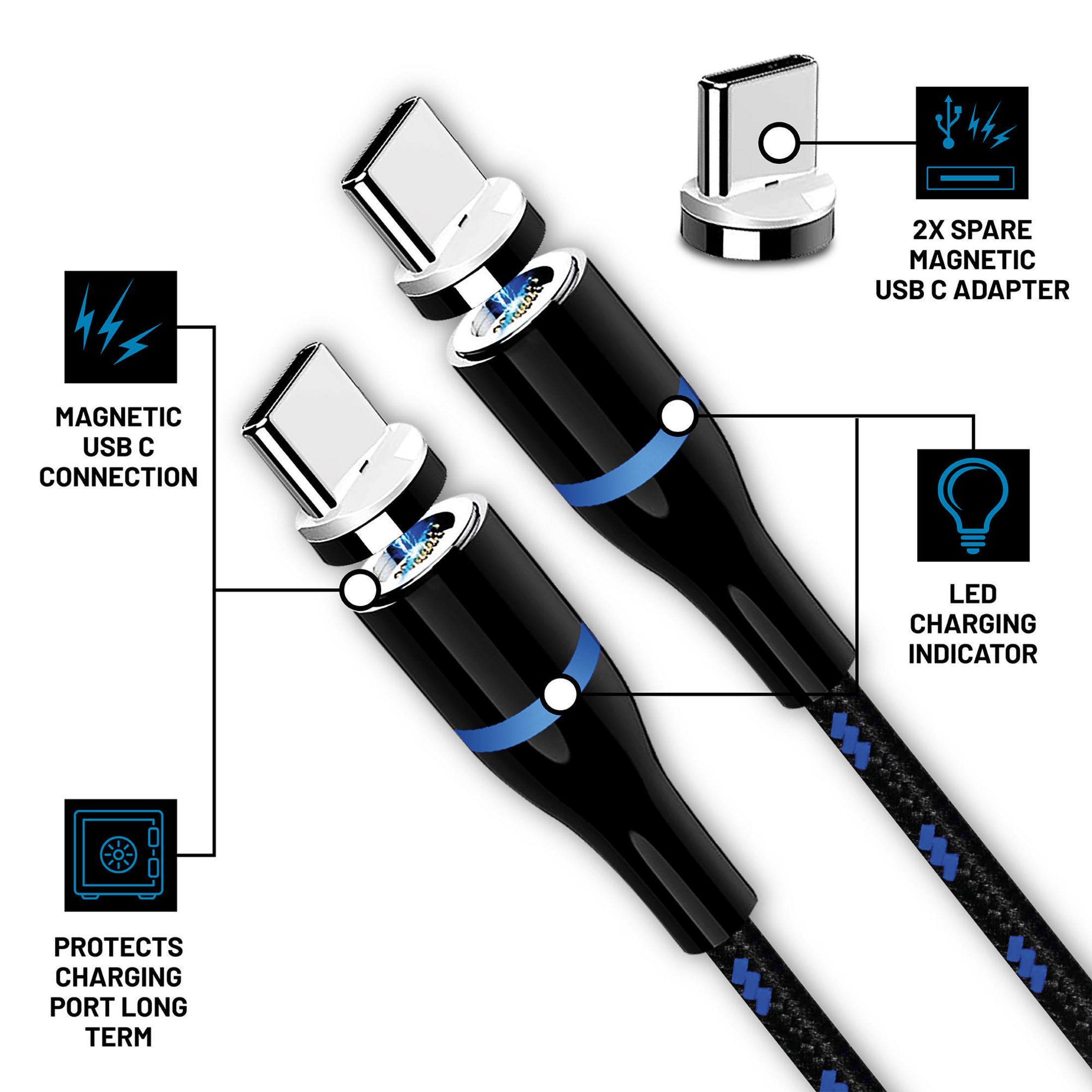 Schwarz-blaue magnetische USB-C-Ladekabel mit LED-Anzeige und Text.
