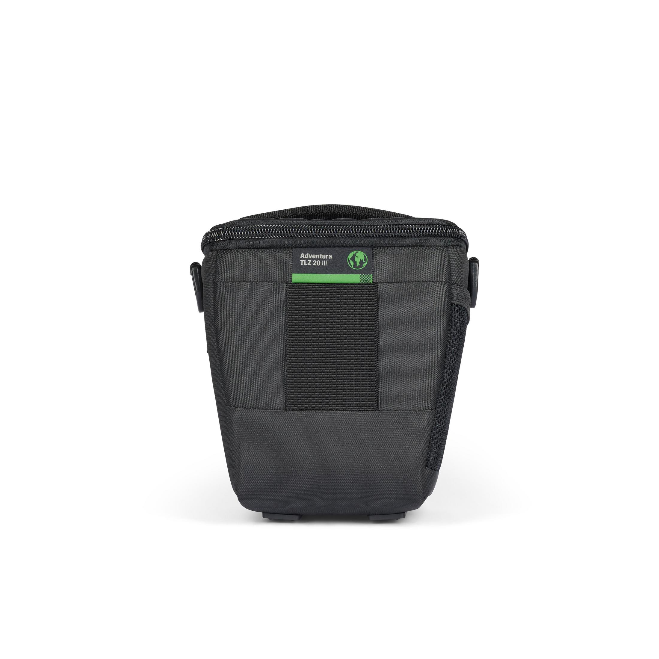 Black camera bag, with logo and text, on a white background, side view.