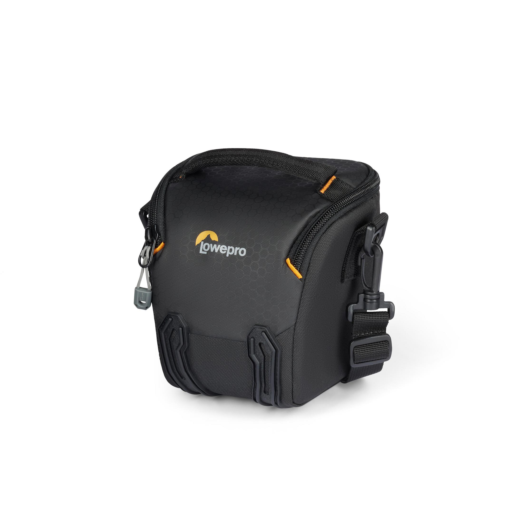 Black Lowepro camera bag with orange accents. It has a shoulder strap and a zipper closure.