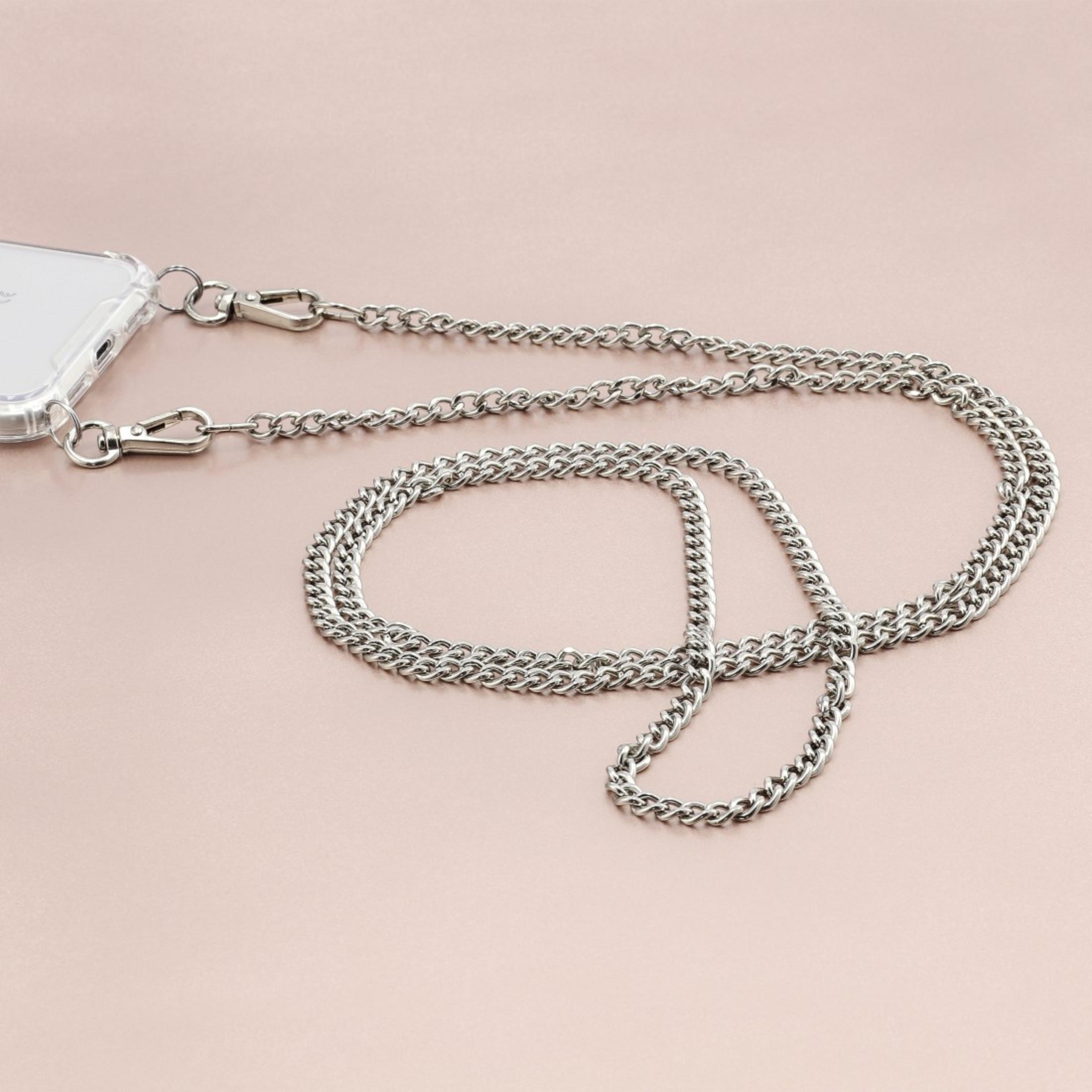 Silberne Ketten-Handy-Halterung auf rosa Hintergrund, mit angebrachten Verschlüssen.