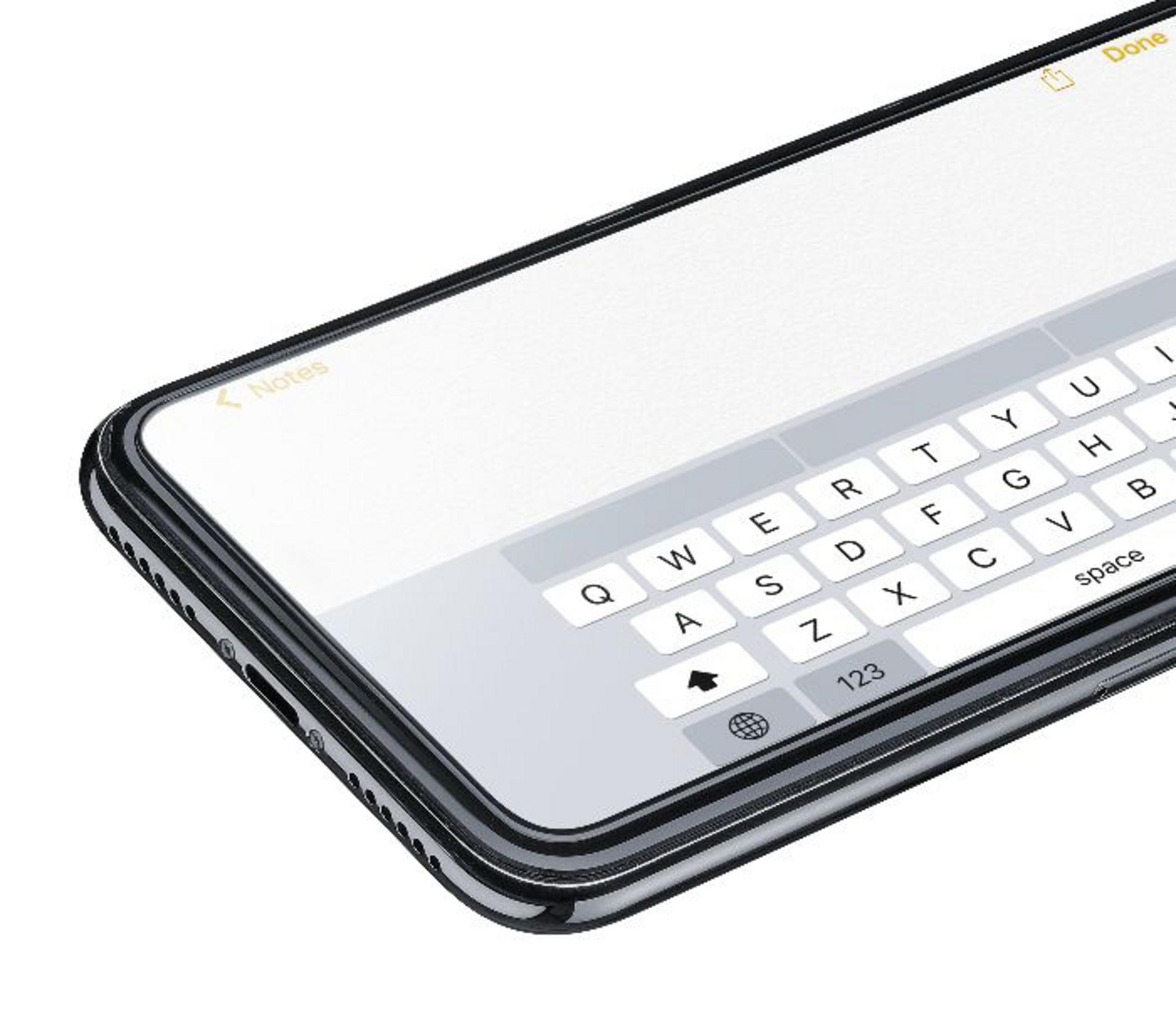 Un primo piano di uno schermo del telefono che mostra una tastiera. Il bordo è nero, con una cornice argentata.