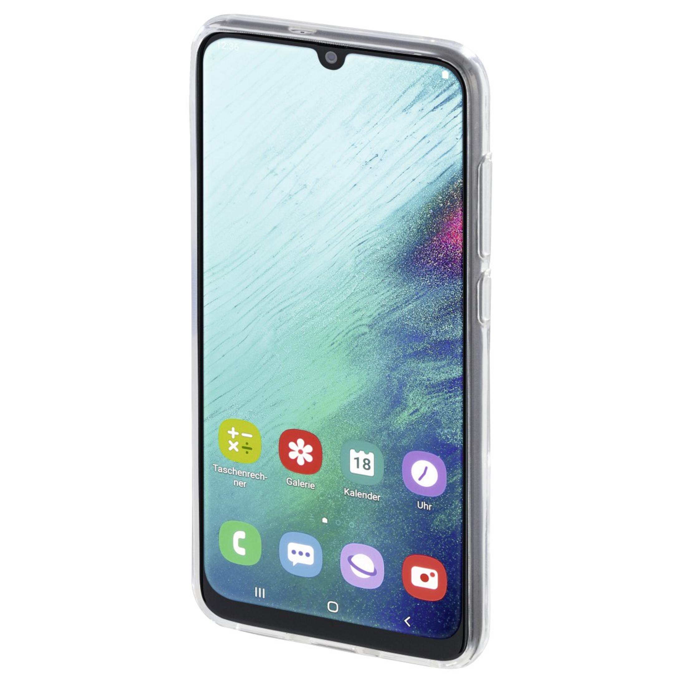 Un telefono in una custodia trasparente, che mostra icone di app sullo schermo.