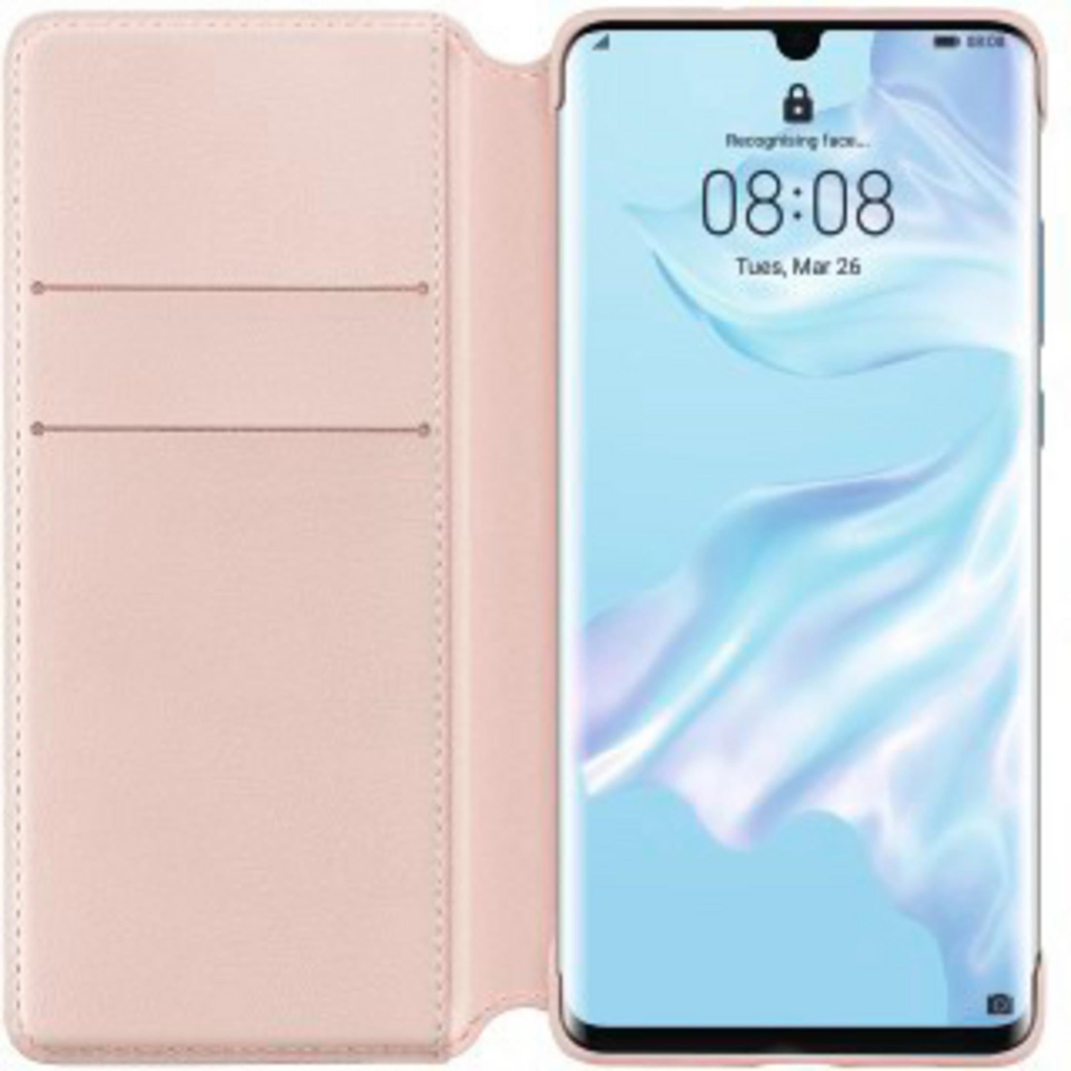 Custodia rosa aperta. Telefono dentro, mostra lo schermo con ora e data.