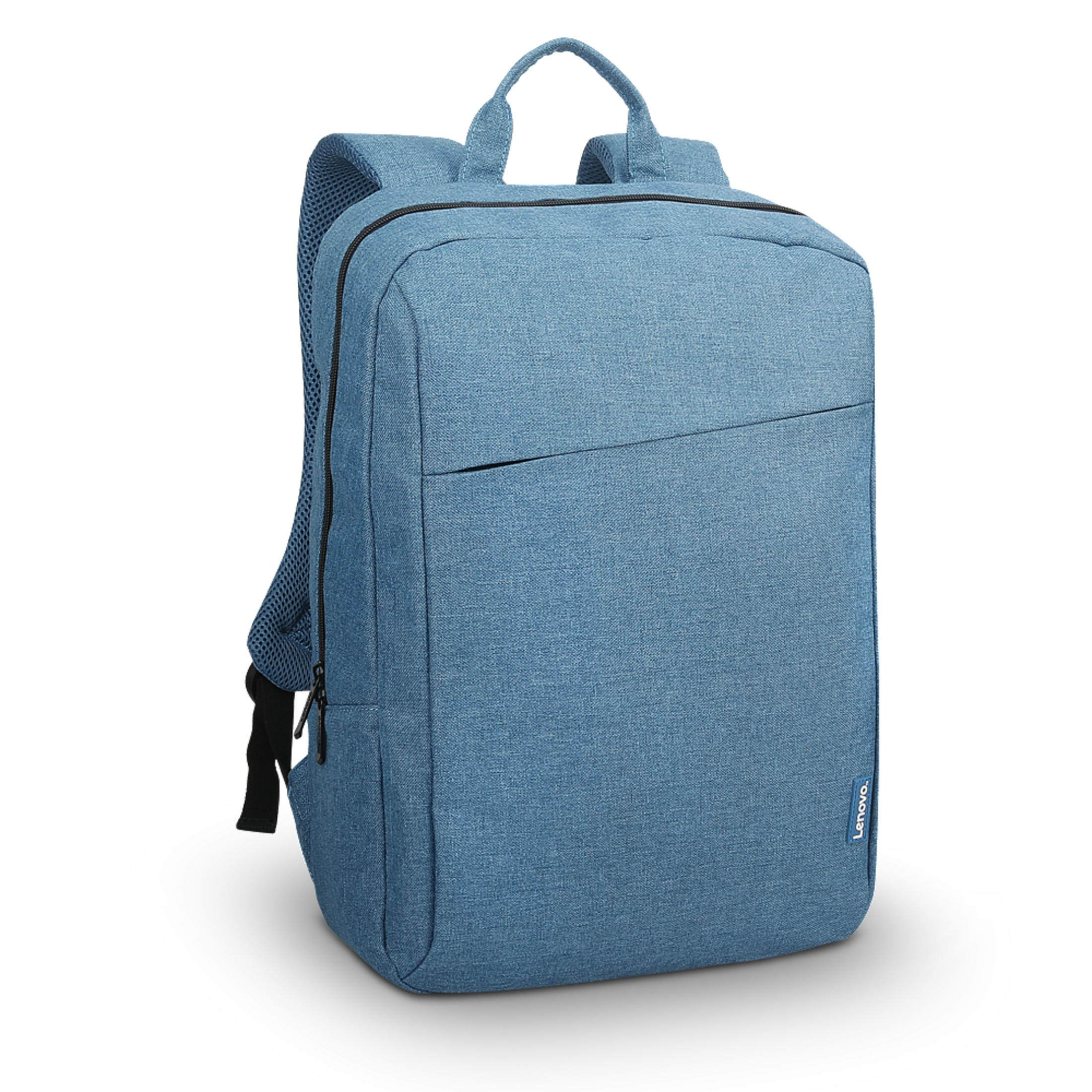 Blauer Rucksack mit schwarzen Reißverschlüssen und Trägern. Weißer Hintergrund.