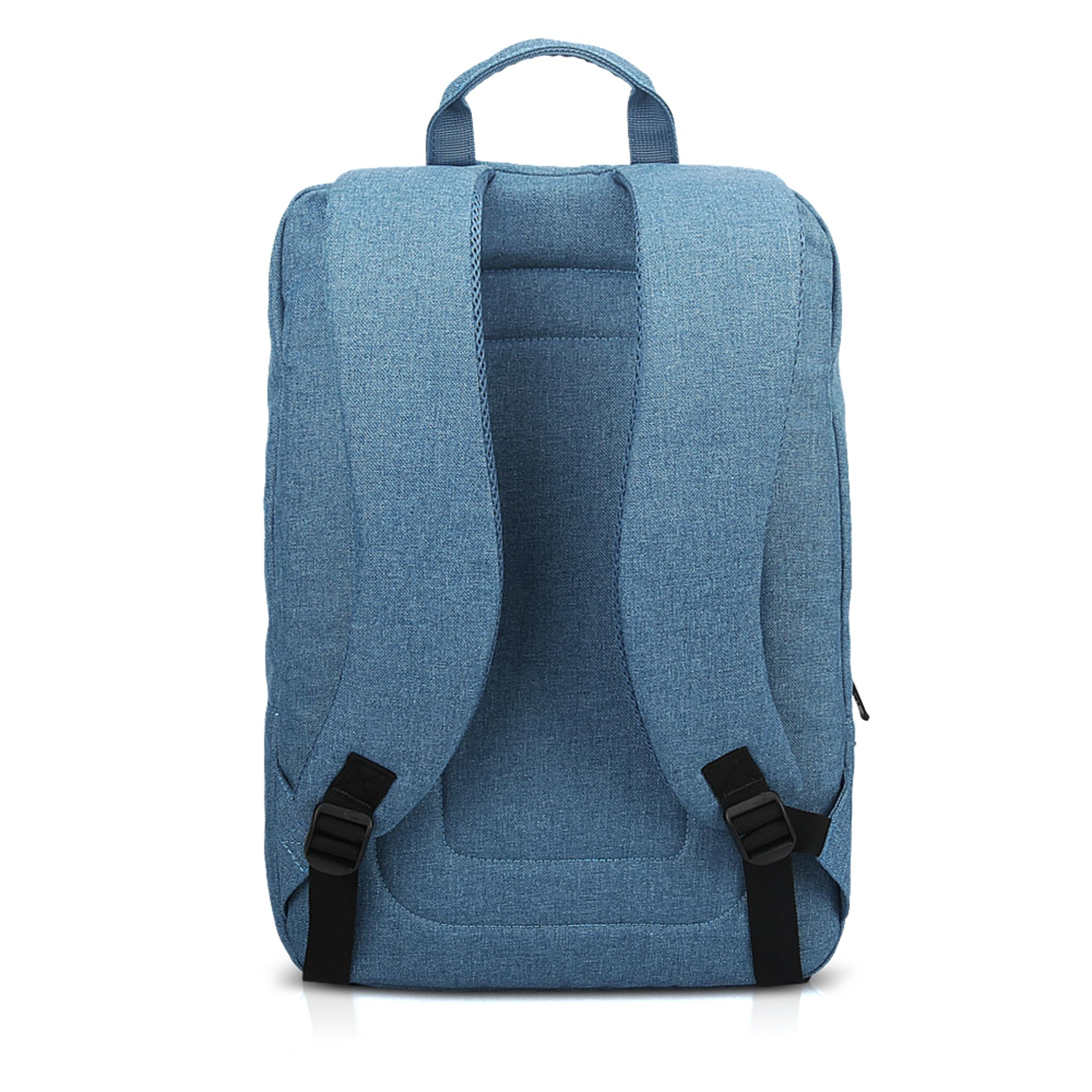 Blauer Rucksack von hinten mit zwei Trägern und einem Griff.