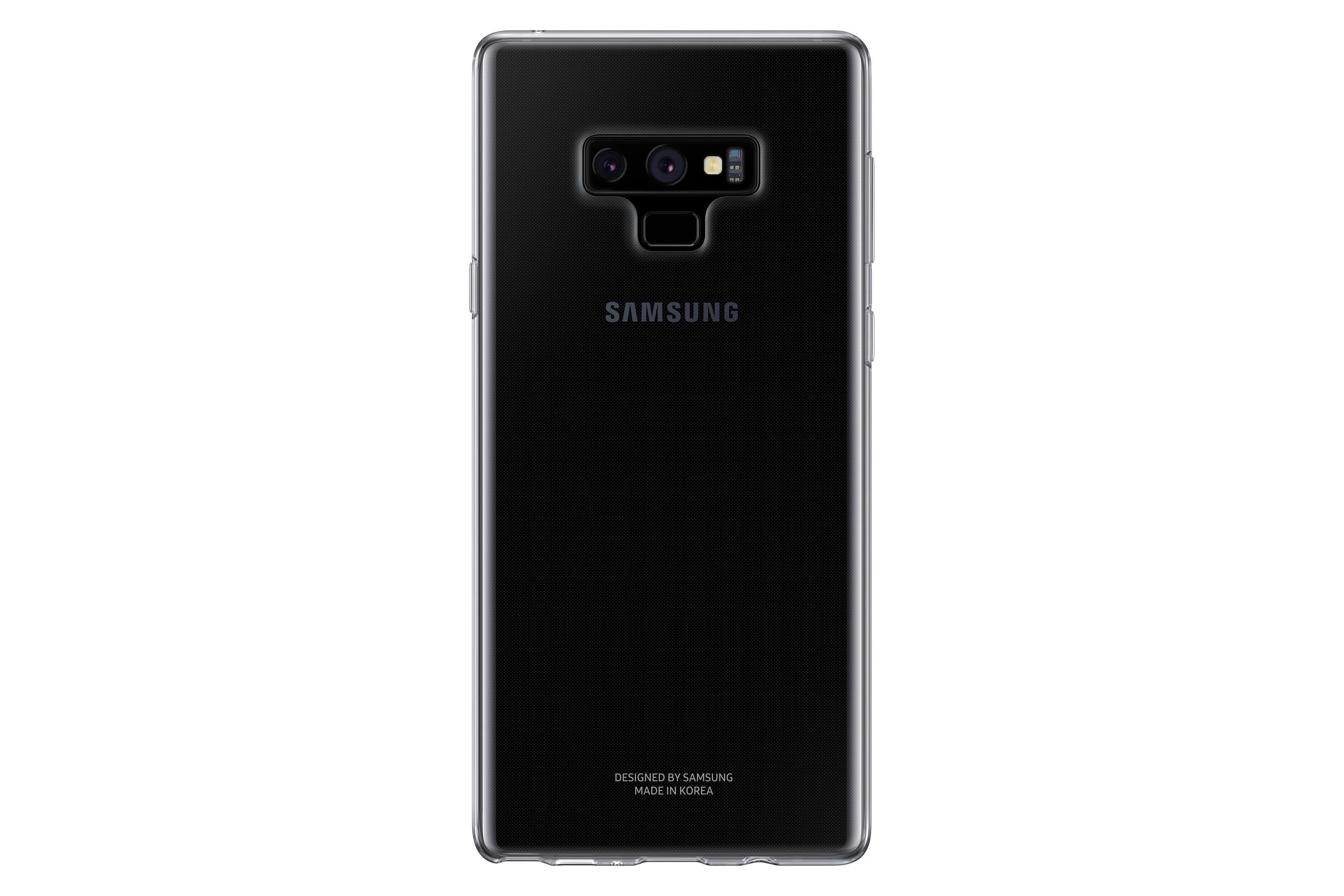 Dos noir du téléphone Samsung, double caméra, logo Samsung, étui transparent.