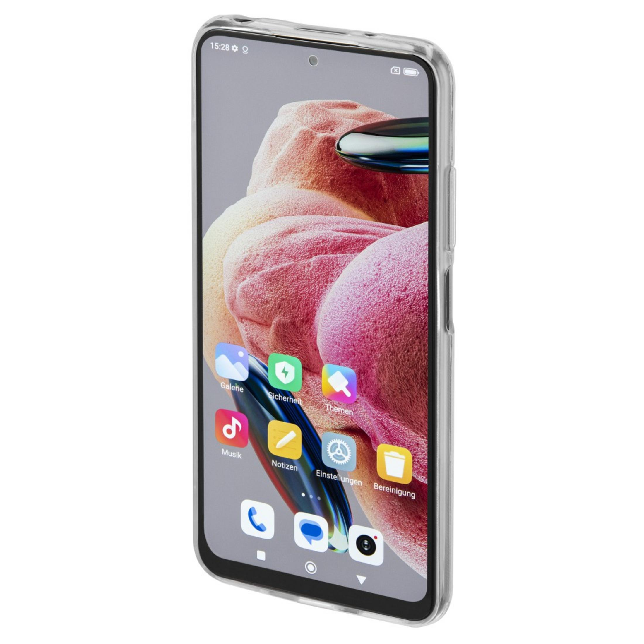 Smartphone in custodia trasparente, con icone delle app visibili sullo schermo.
