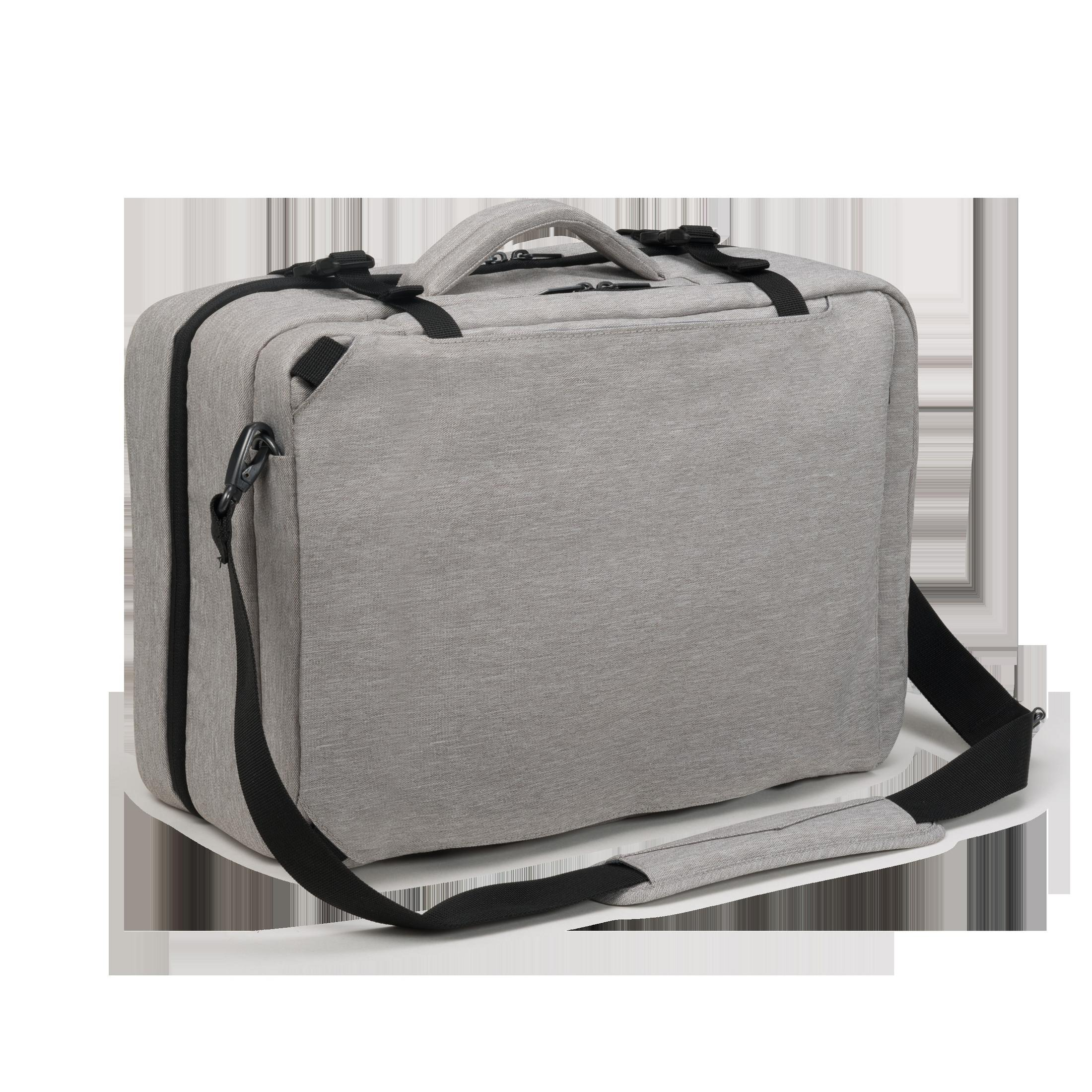 Valise/sac gris avec sangles et poignée noires, fond blanc.