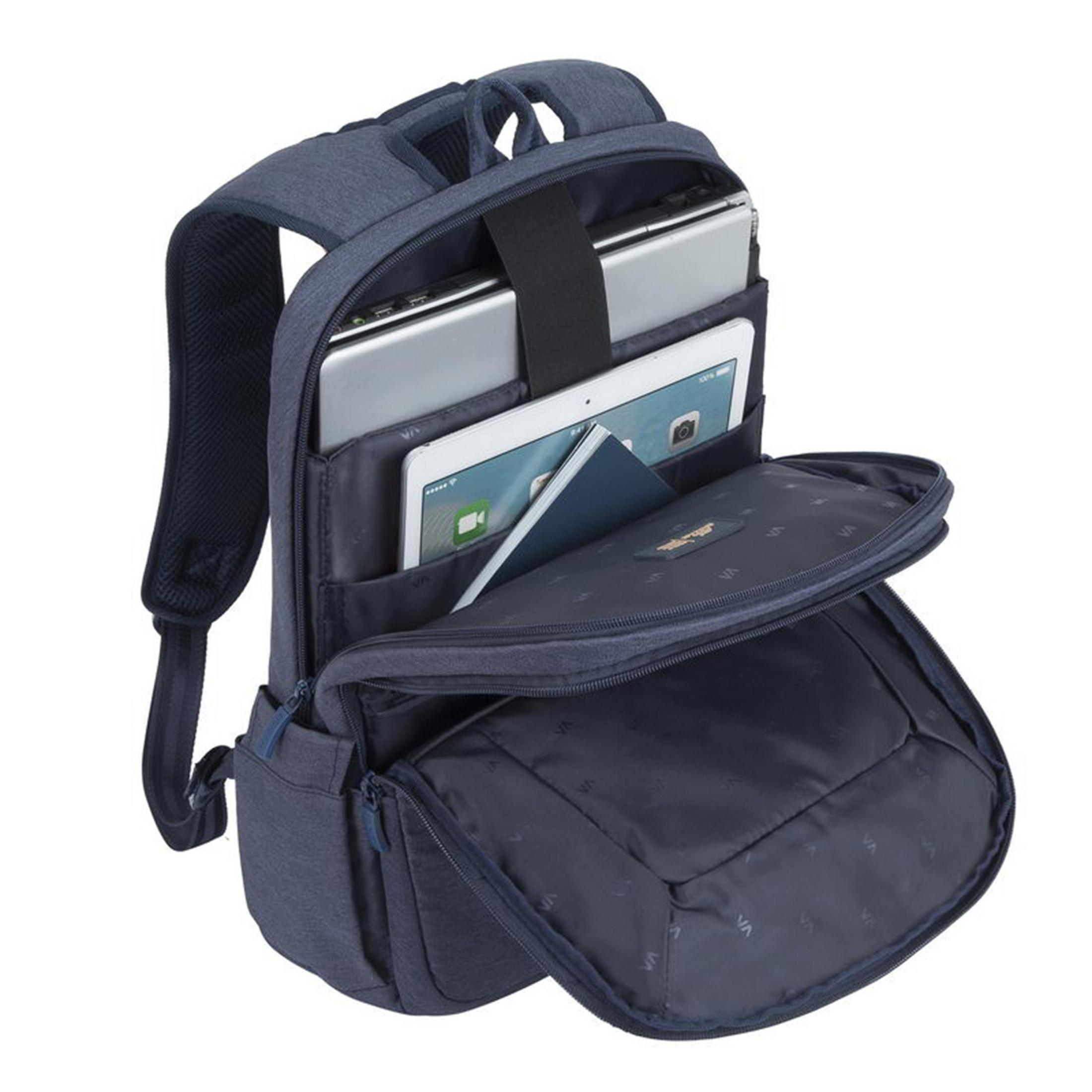 Blauer Rucksack offen, Laptop und Tablet werden angezeigt. Innentaschen sind sichtbar.