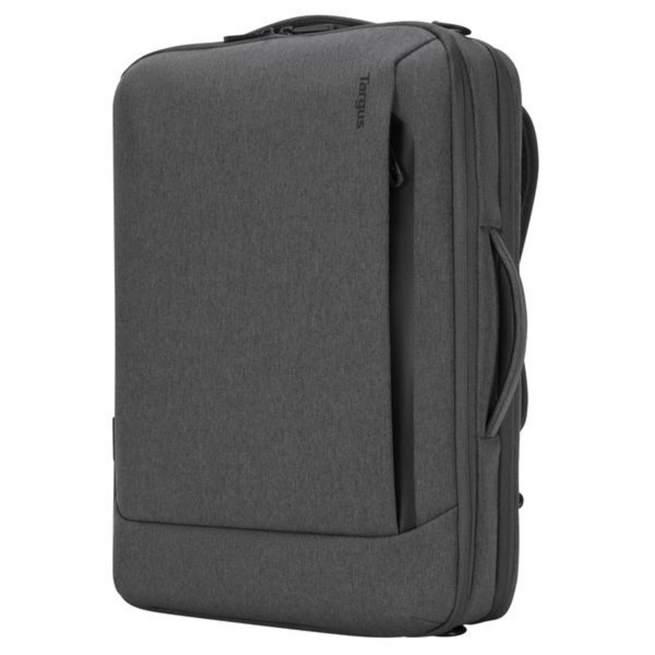 Dunkelgrauer Targus Rucksack. Die Tasche ist hoch, mit einem seitlichen Reißverschluss und Griff.