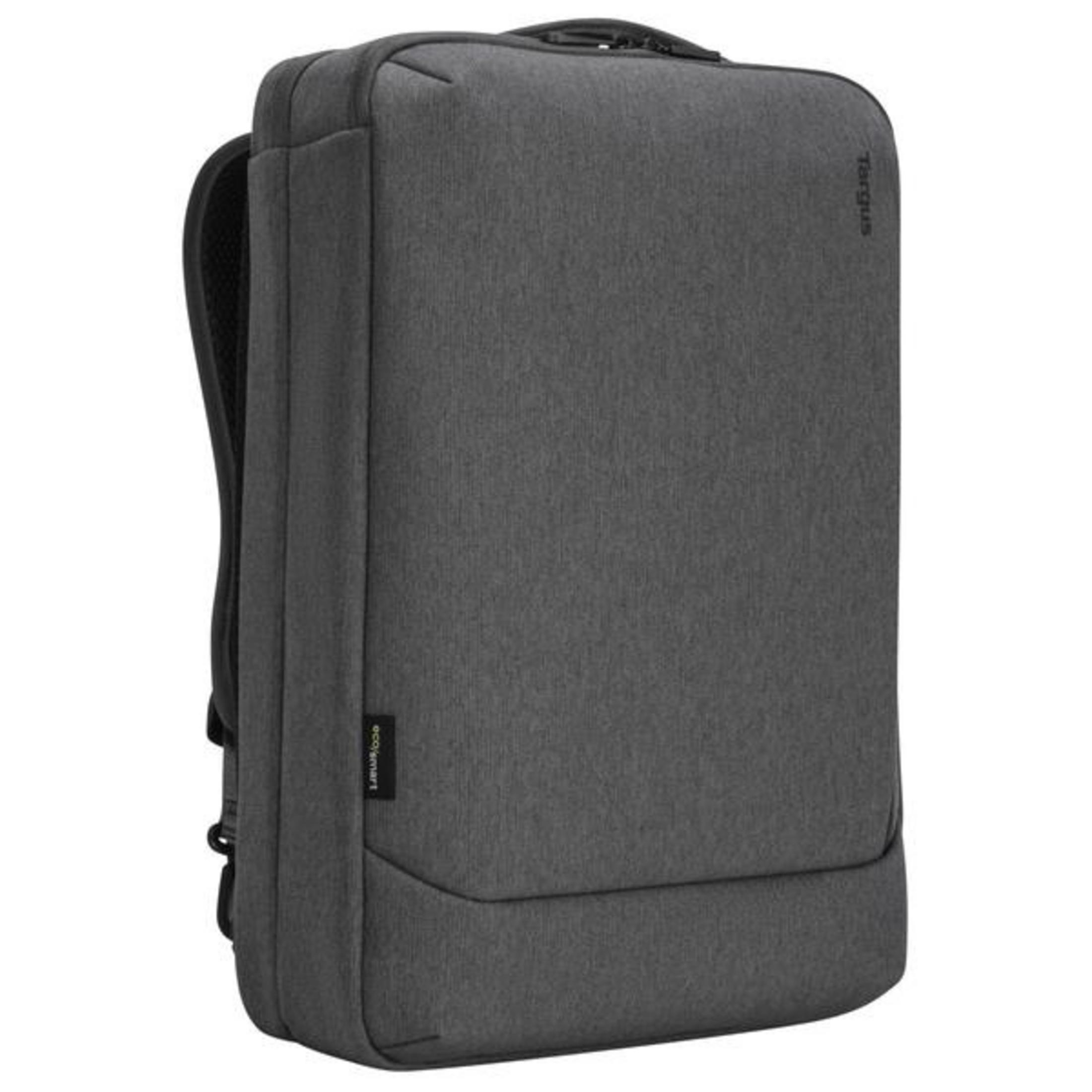 Grauer Targus-Rucksack, eco-smart, steht an einer Wand.