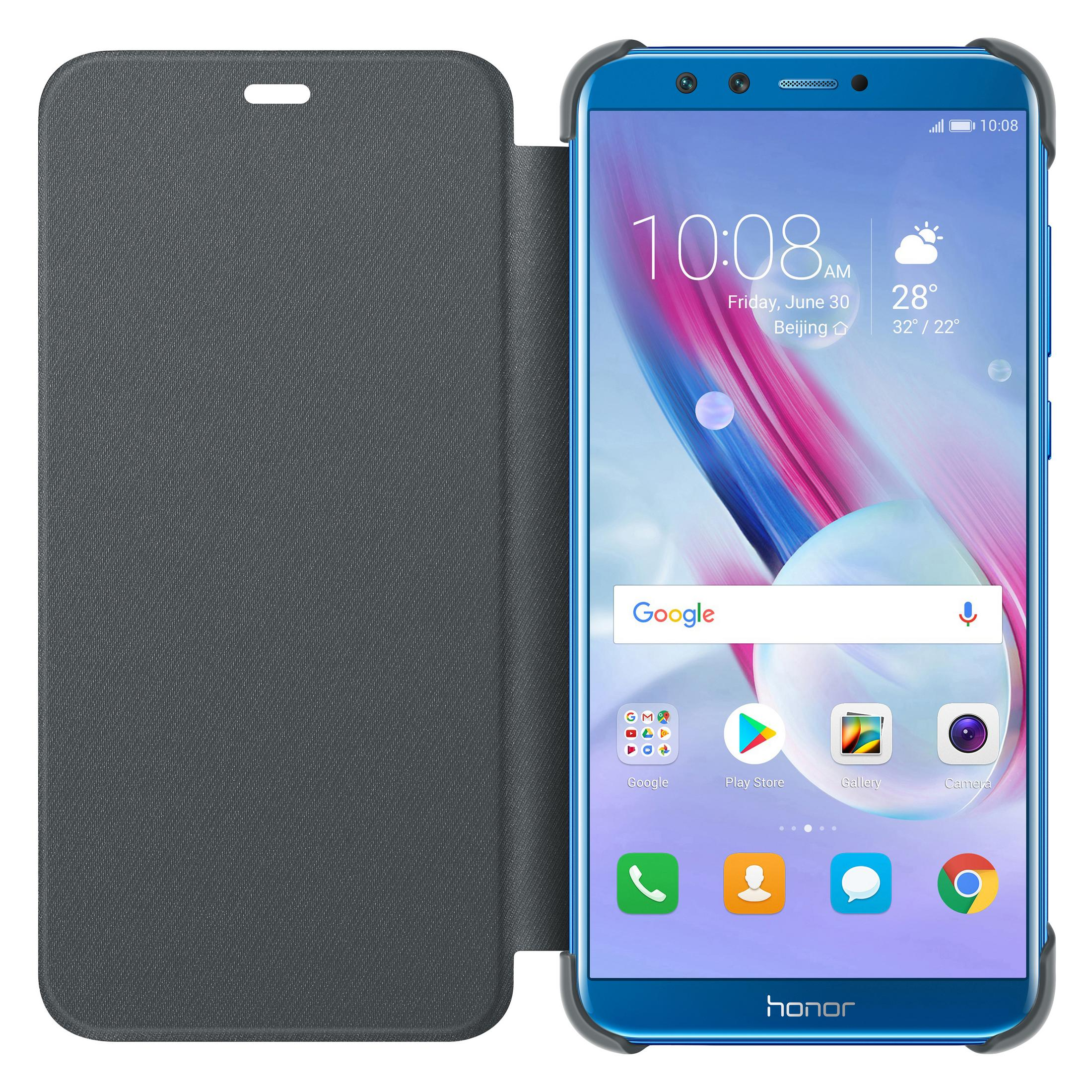 Teléfono azul con la pantalla encendida, mostrando hora y clima. La funda es gris.