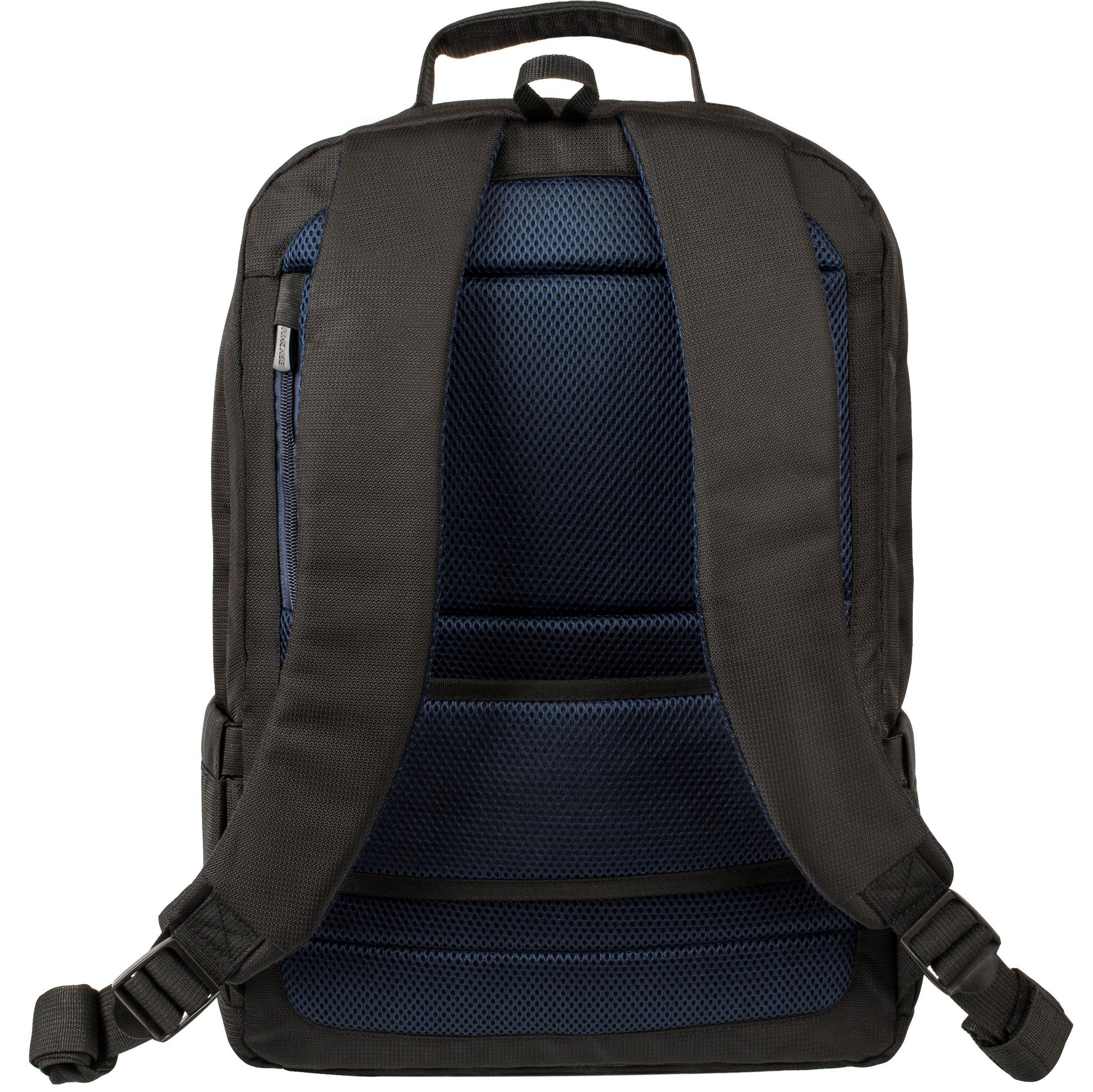 Zwarte rugzak achterkant. Riemen, handvat en blauw mesh achterpaneel zichtbaar.