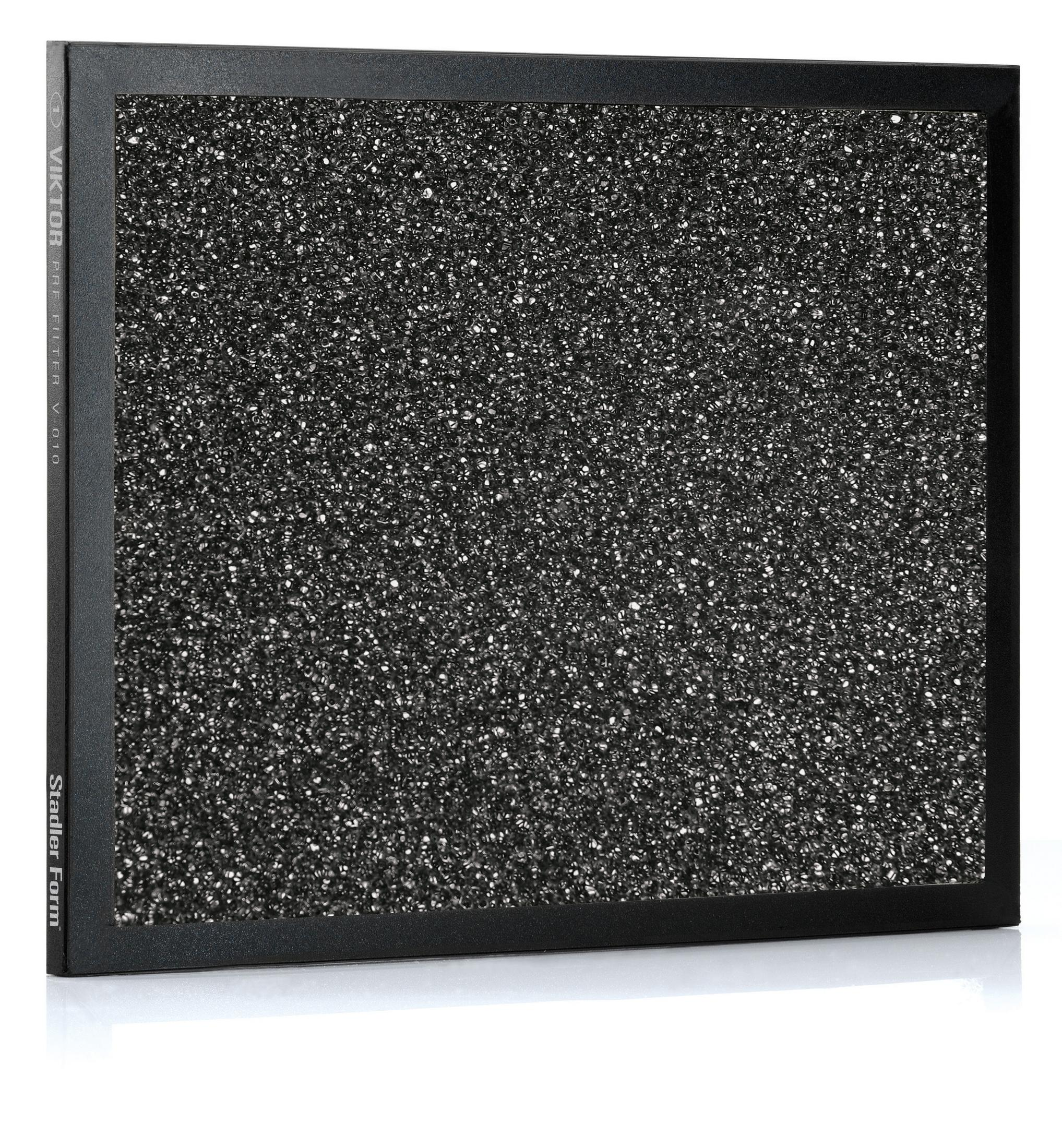 Black air filter with a black frame. It has a textured, porous surface.