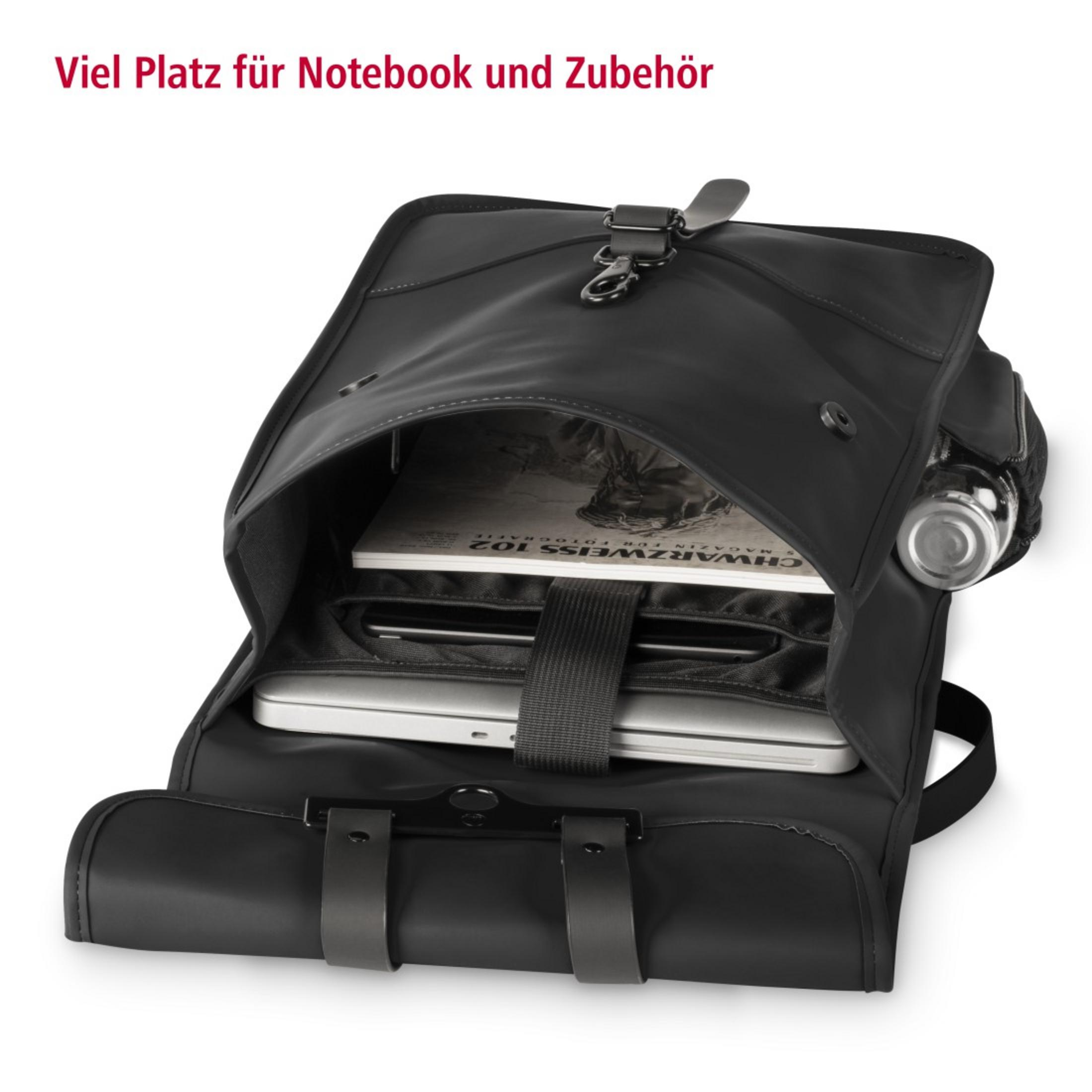 Schwarzer Rucksack geöffnet, um einen Laptop und andere Gegenstände zu zeigen. Text sagt: 'Viel Platz'.