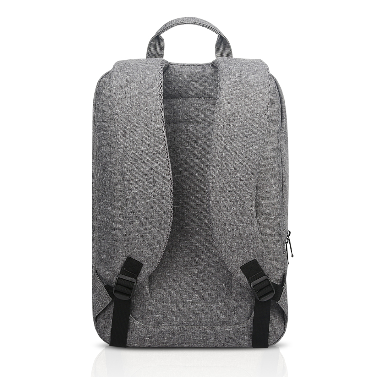 Grauer Rucksack, die Rückseite mit Trägern, Griff und einem schwarzen Reißverschluss gezeigt. Weißer Hintergrund.