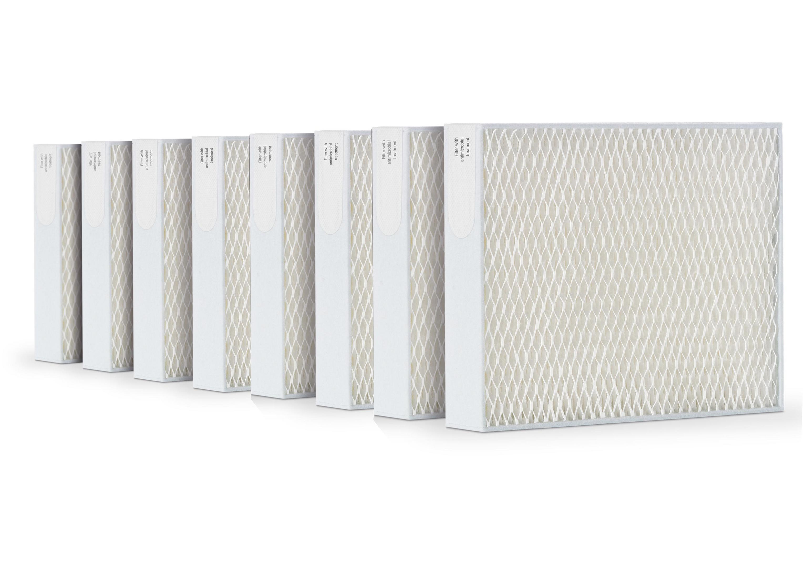 Several white filters in a row on a white background. The filters are rectangular.