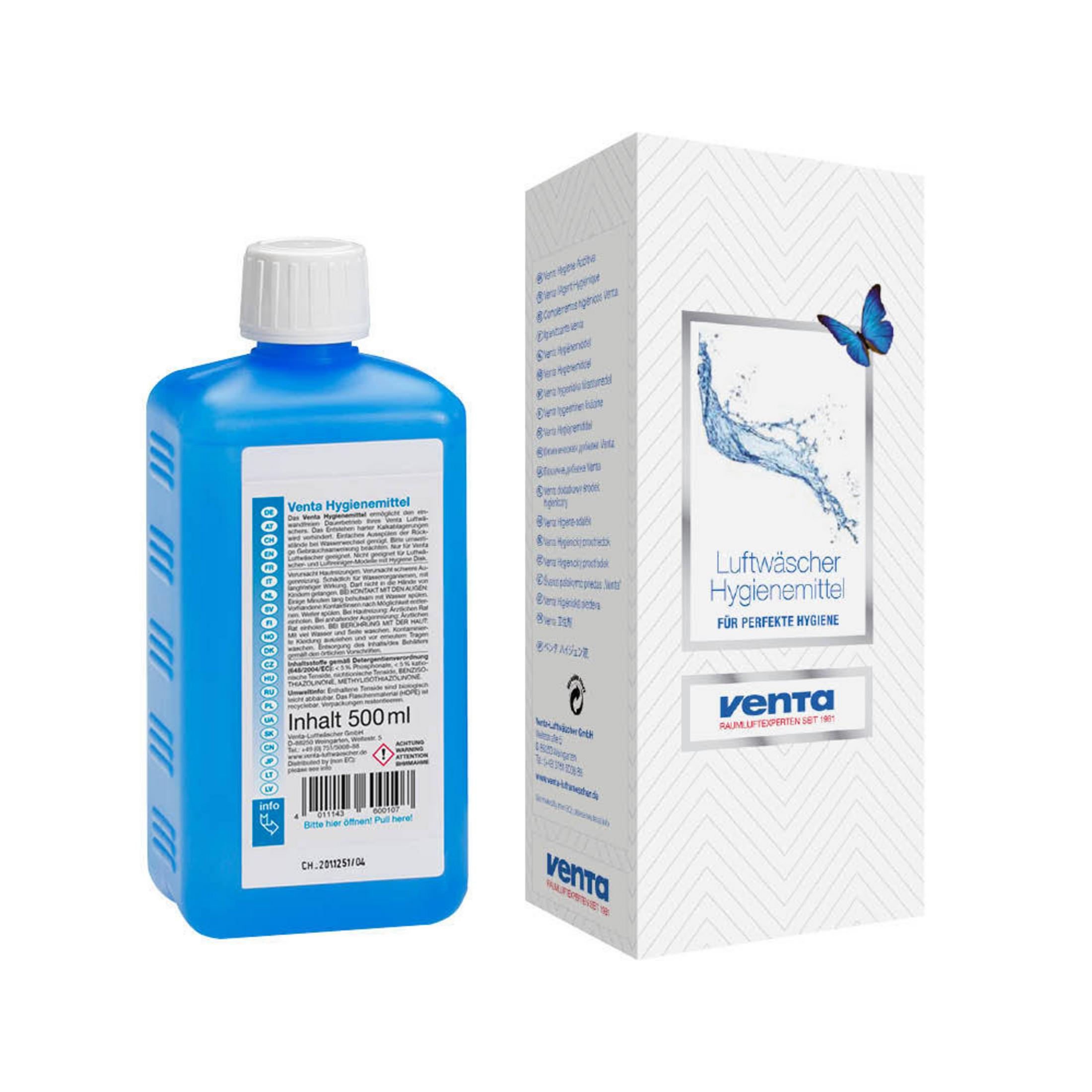 Blaue Flüssigkeitsflasche, 500ml. Weiße Box mit blauem Schmetterling und Text.