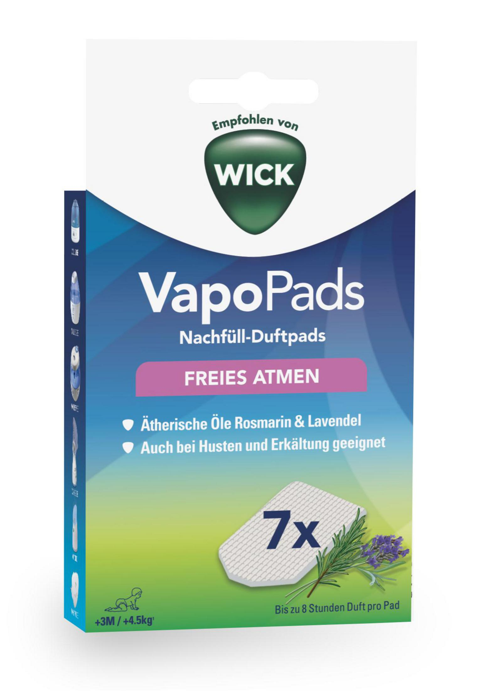 VapoPads-Box mit Text. Enthält Rosmarin- und Lavendelöle. 7 Pads innen. Isoliert auf Weiß.