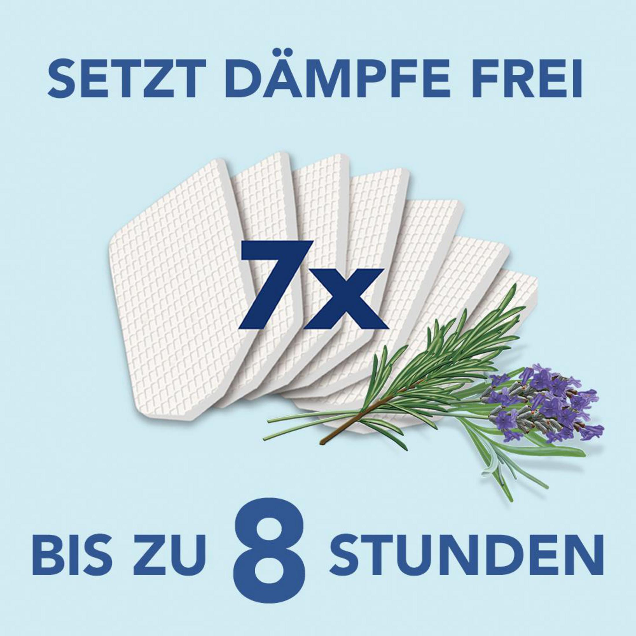 Weiße Pads mit Text und einem Lavendelzweig auf blauem Hintergrund.