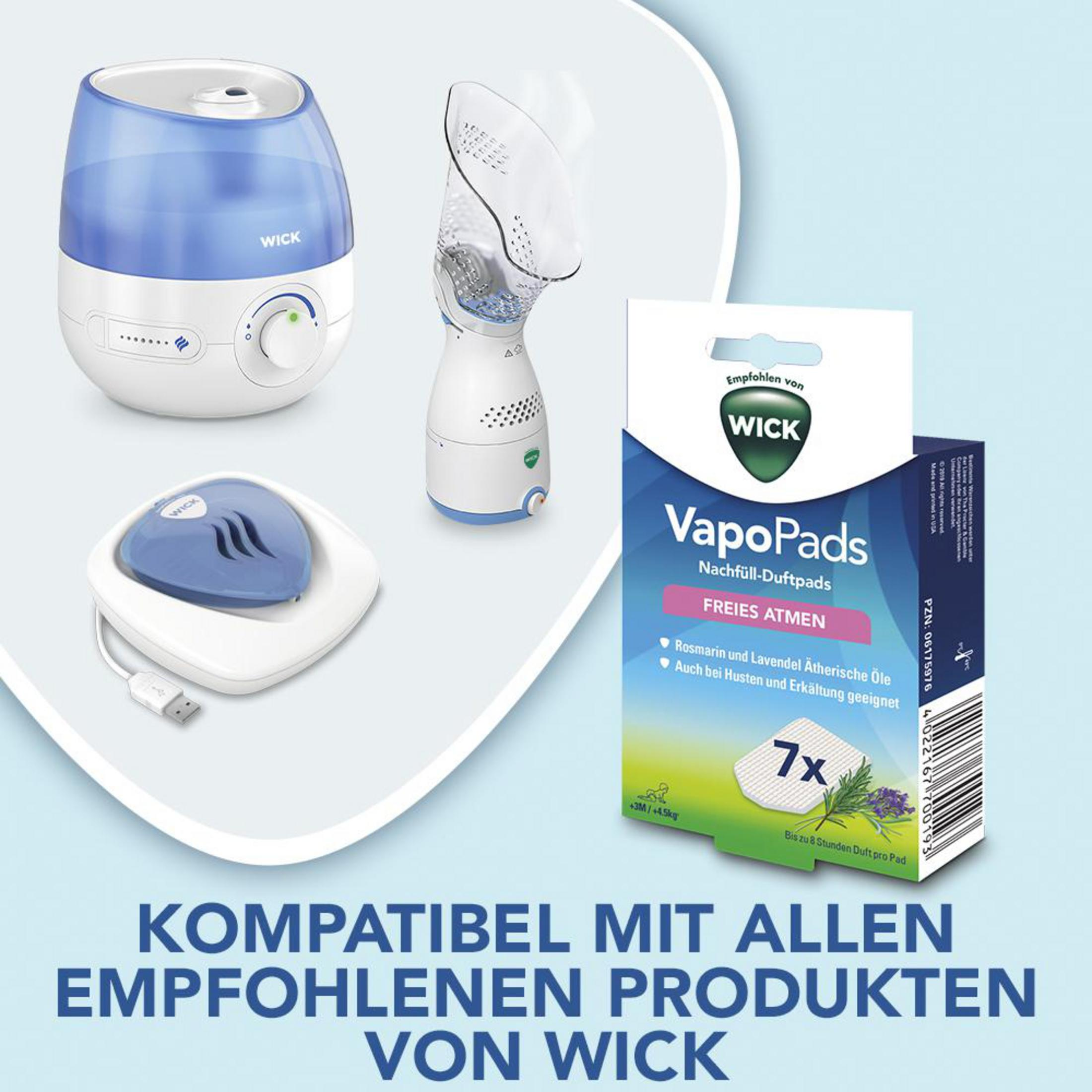 Verschiedene WICK-Produkte: Luftbefeuchter, Inhalator und VapoPads-Box. Text: 'FREIES ATMEN'.