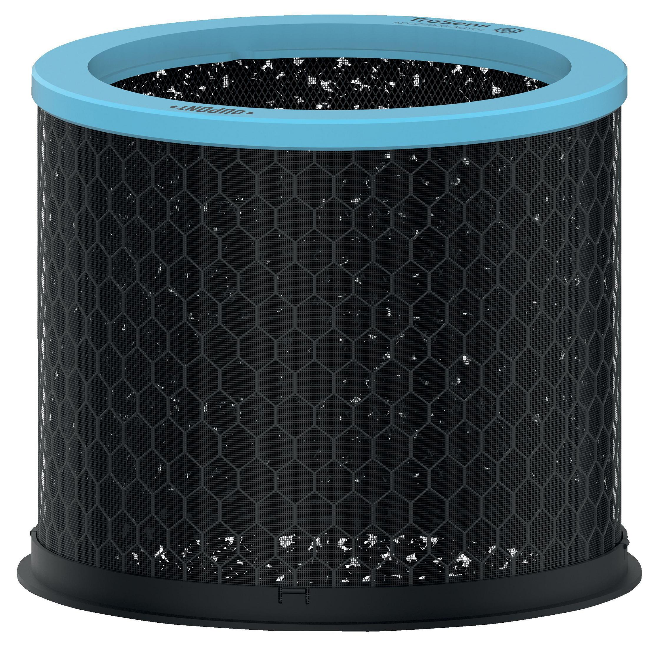 Filtr oczyszczacza powietrza z niebieskimi i czarnymi elementami, białe tło.