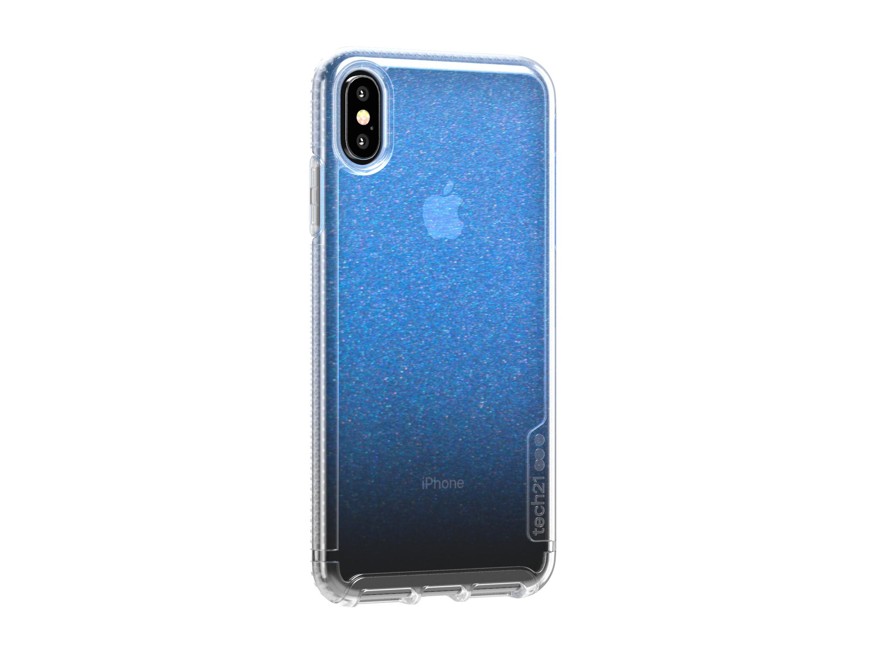 Ein iPhone X in einer transparenten Hülle mit blauem Glitzerdesign, vor weißem Hintergrund.