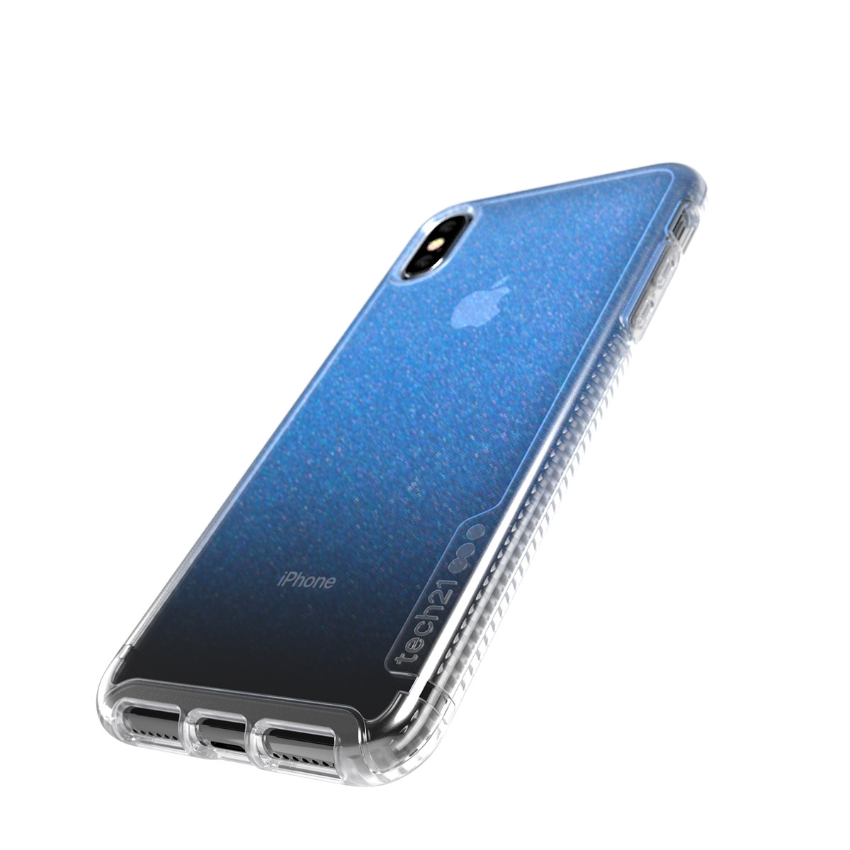 Ein Telefon in einer transparenten Hülle mit blauem Glitzereffekt. Auf der Rückseite steht iPhone.