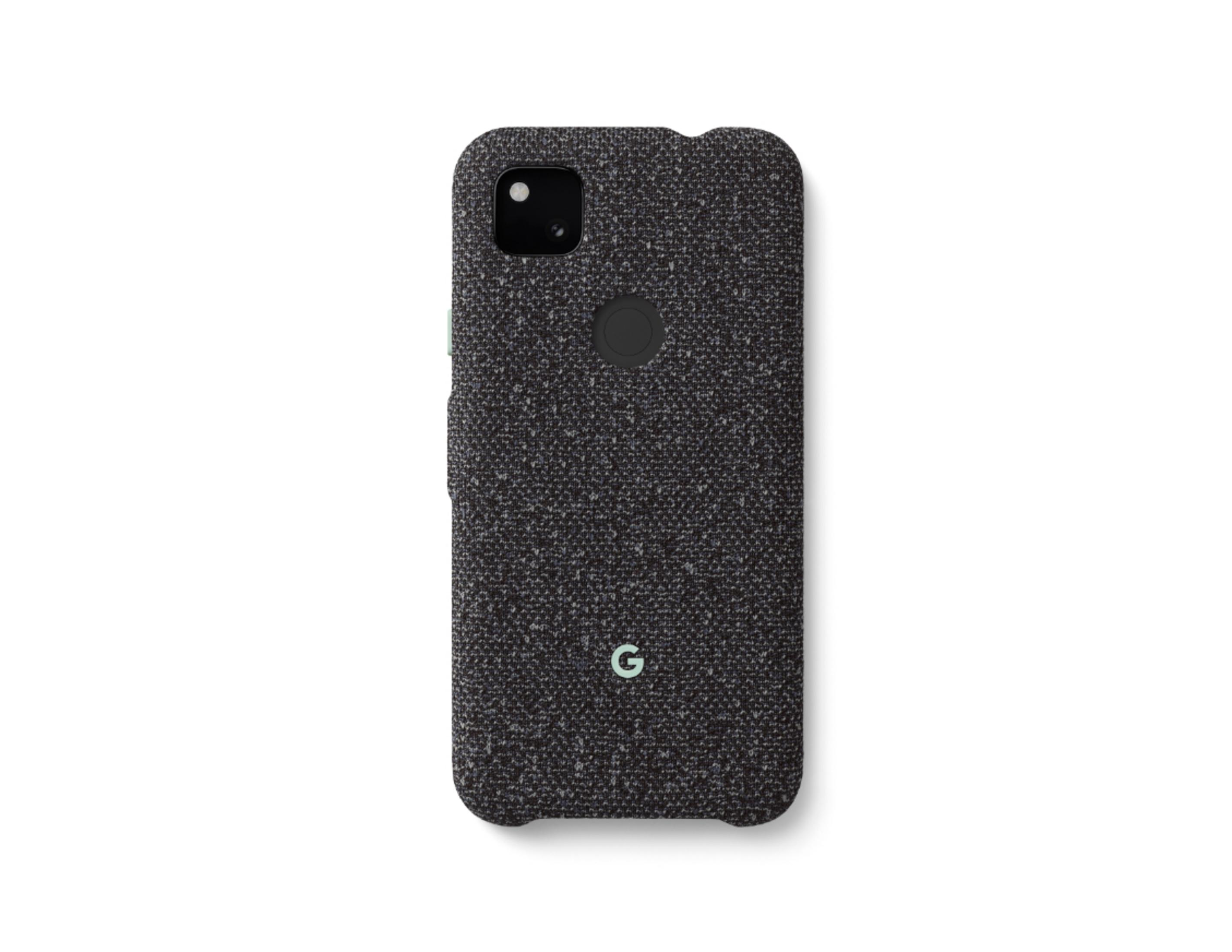 Eine schwarze Stoff-Handyhülle mit Kamera und 'G'-Logo auf weißem Hintergrund.