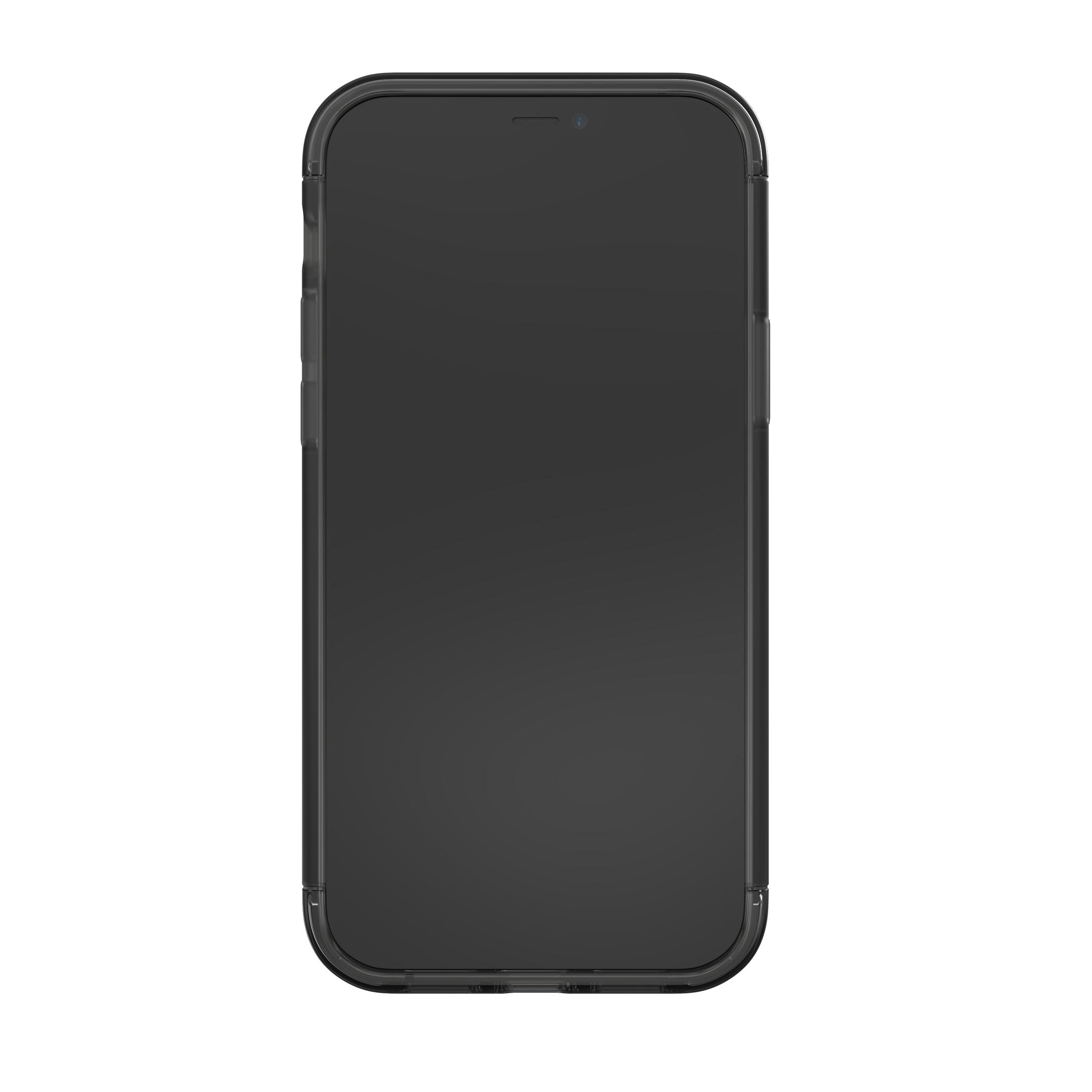 Schwarze Handyhülle, mit dem Telefon darin. Der Telefonbildschirm ist schwarz. Weißer Hintergrund.