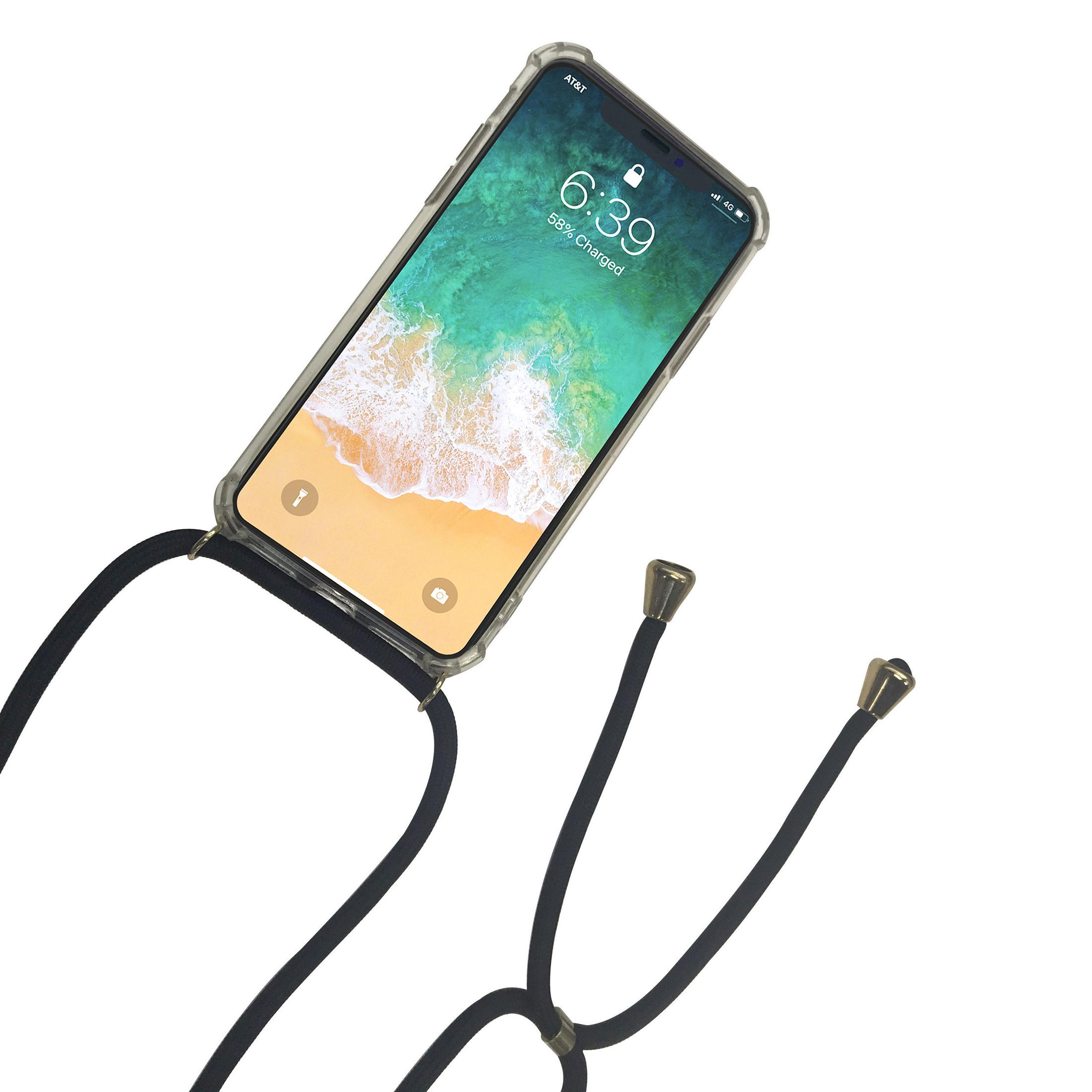 Ein Telefon mit transparentem Gehäuse, das an einer schwarzen Schnur mit goldenen Spitzen hängt.