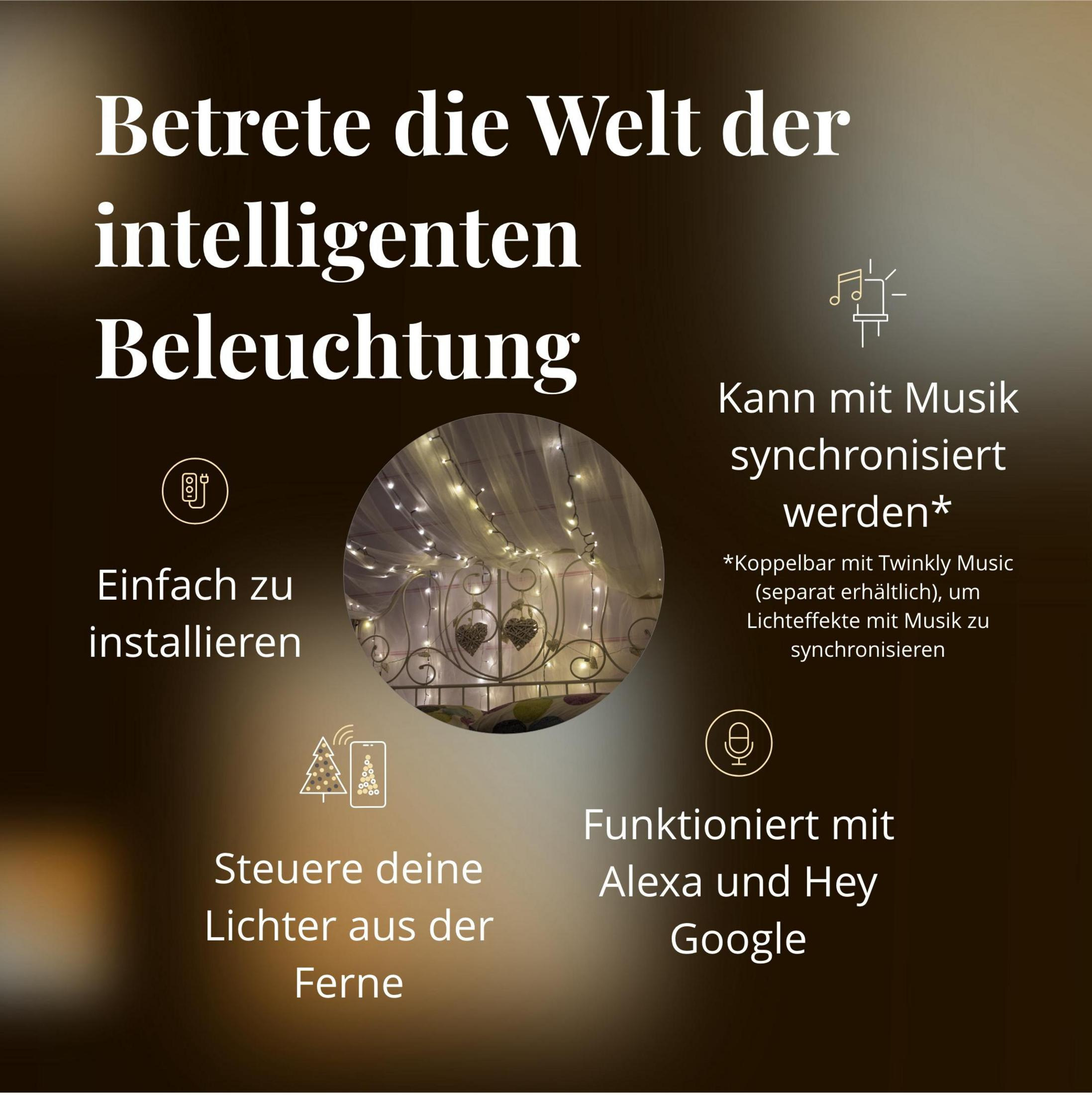 Obraz przedstawia materiały marketingowe z ikonami i tekstem promującym produkty oświetlenia inteligentnego.