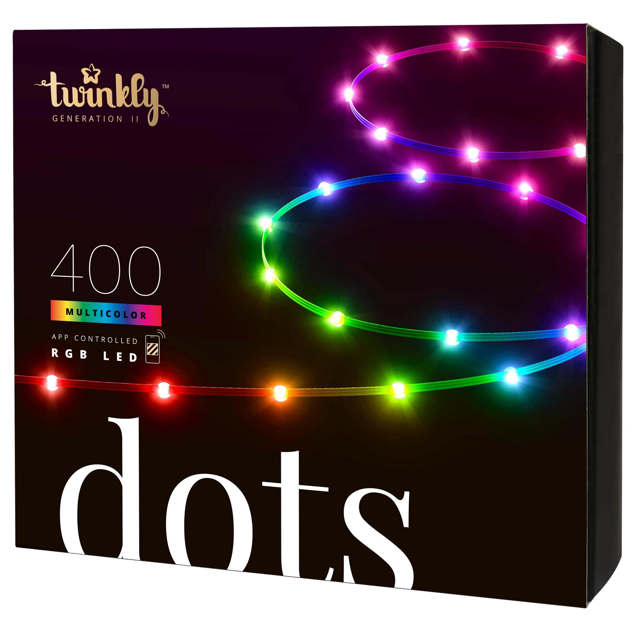 Pudełko świateł Twinkly dots z kolorowymi światłami. Nazwa dots na pudełku.