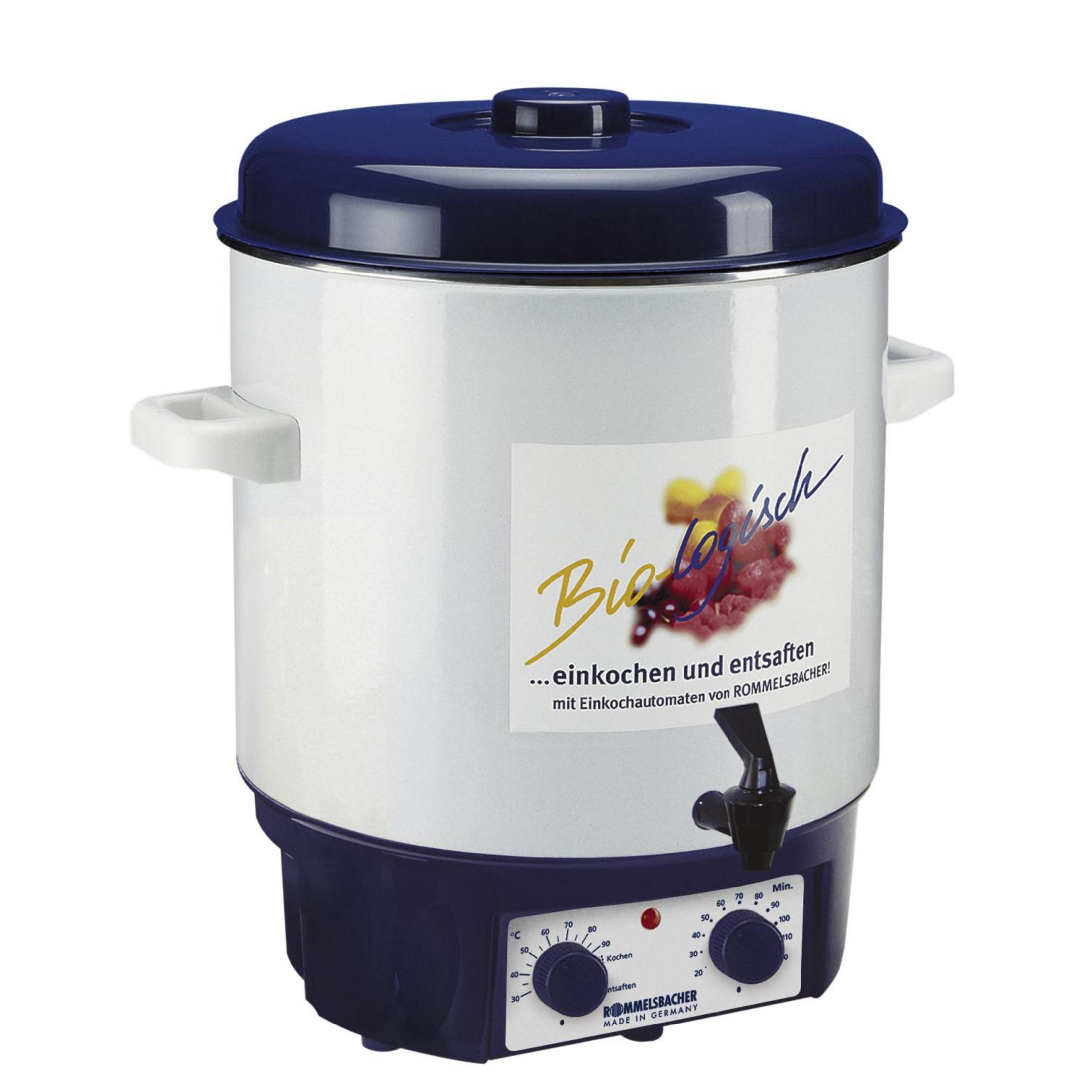 Eine weiß-blaue Einmachmaschine mit dem Etikett Bio-frisch wird auf weißem Hintergrund gezeigt.