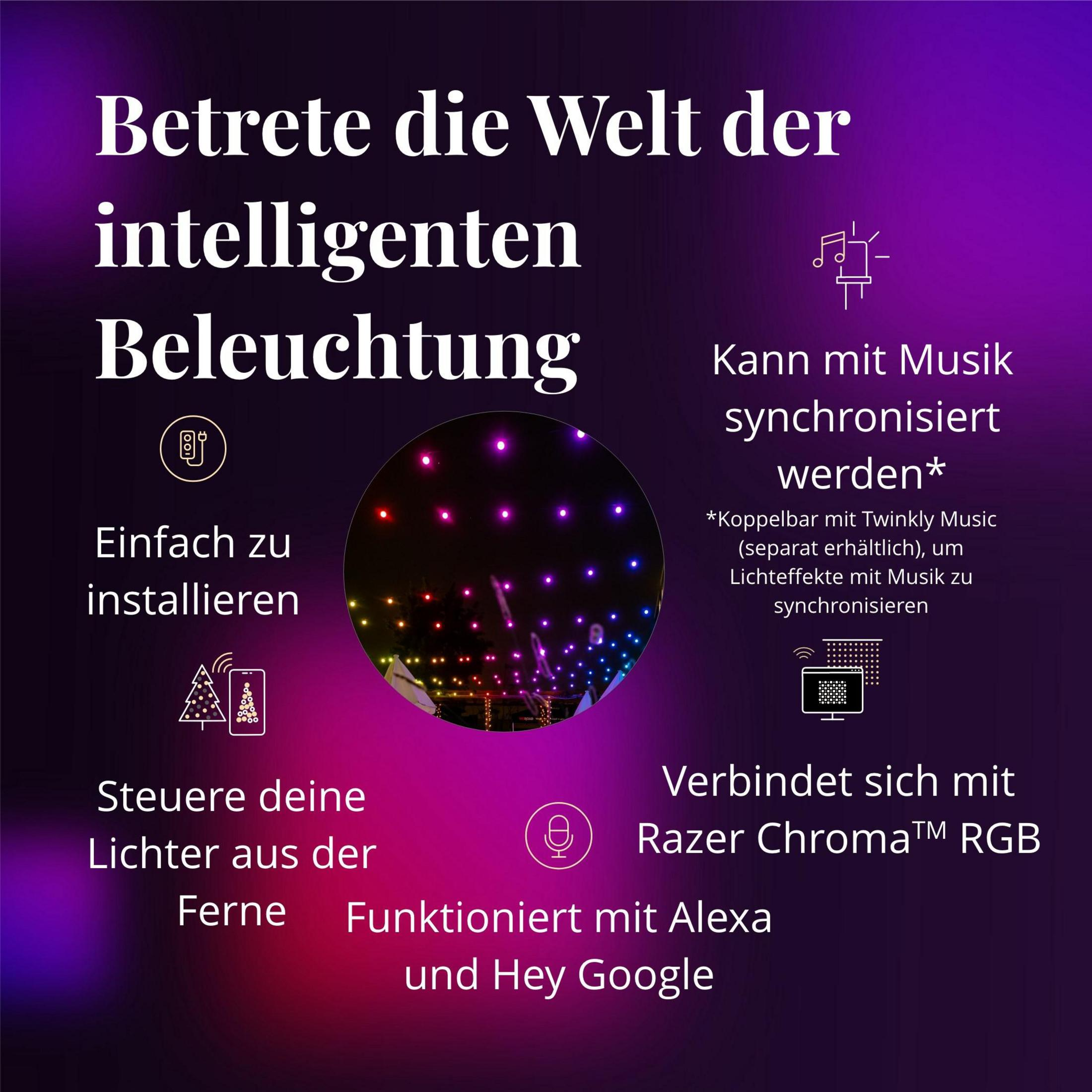 Werbebild für intelligente Beleuchtung. Text auf Deutsch, bunte Lichter im Hintergrund, Funktionssymbole.