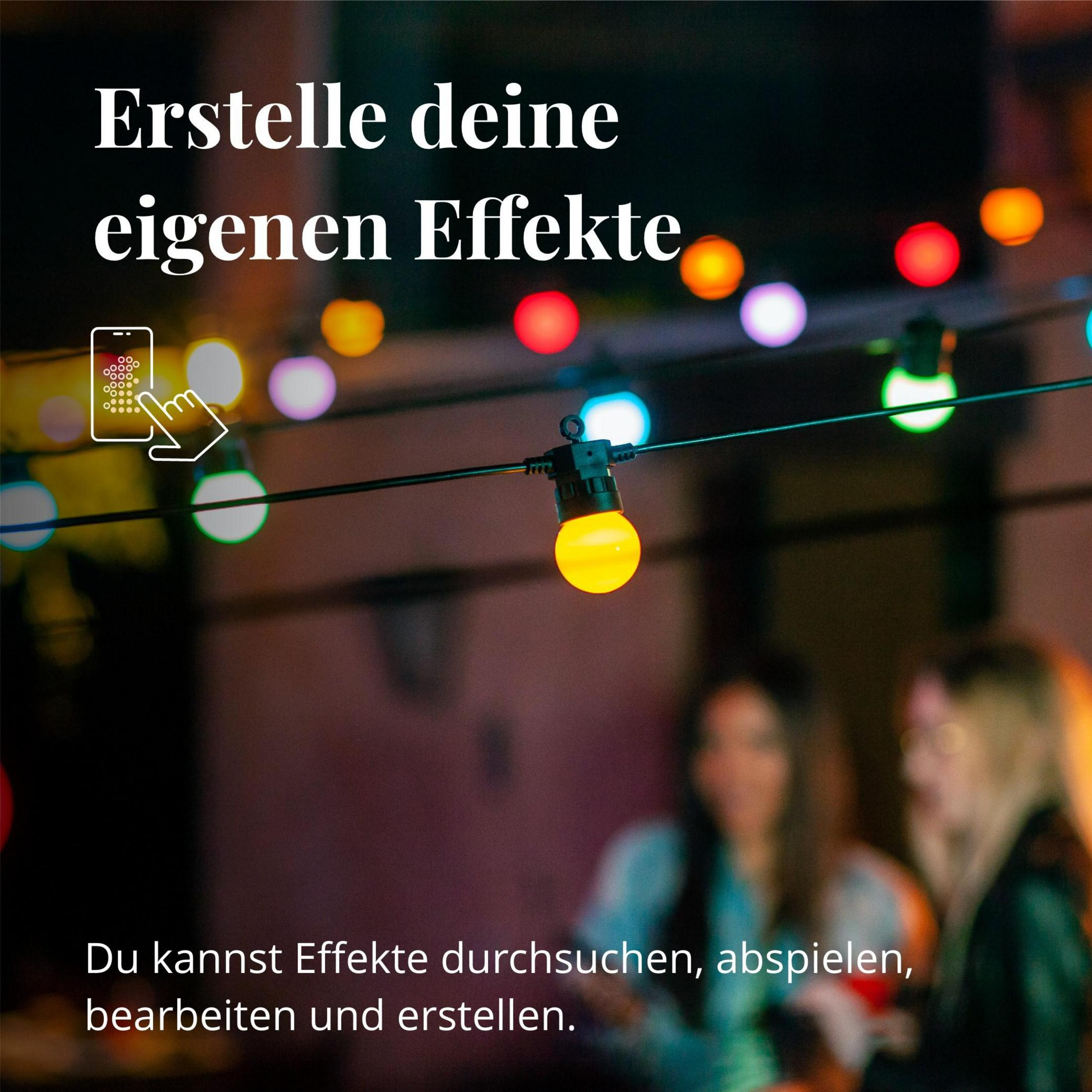 Menschen mit Lichterketten. Text sagt: 'Erstelle deine eigenen Effekte.' Lichter sind bunt, mit Telefon-Symbol.