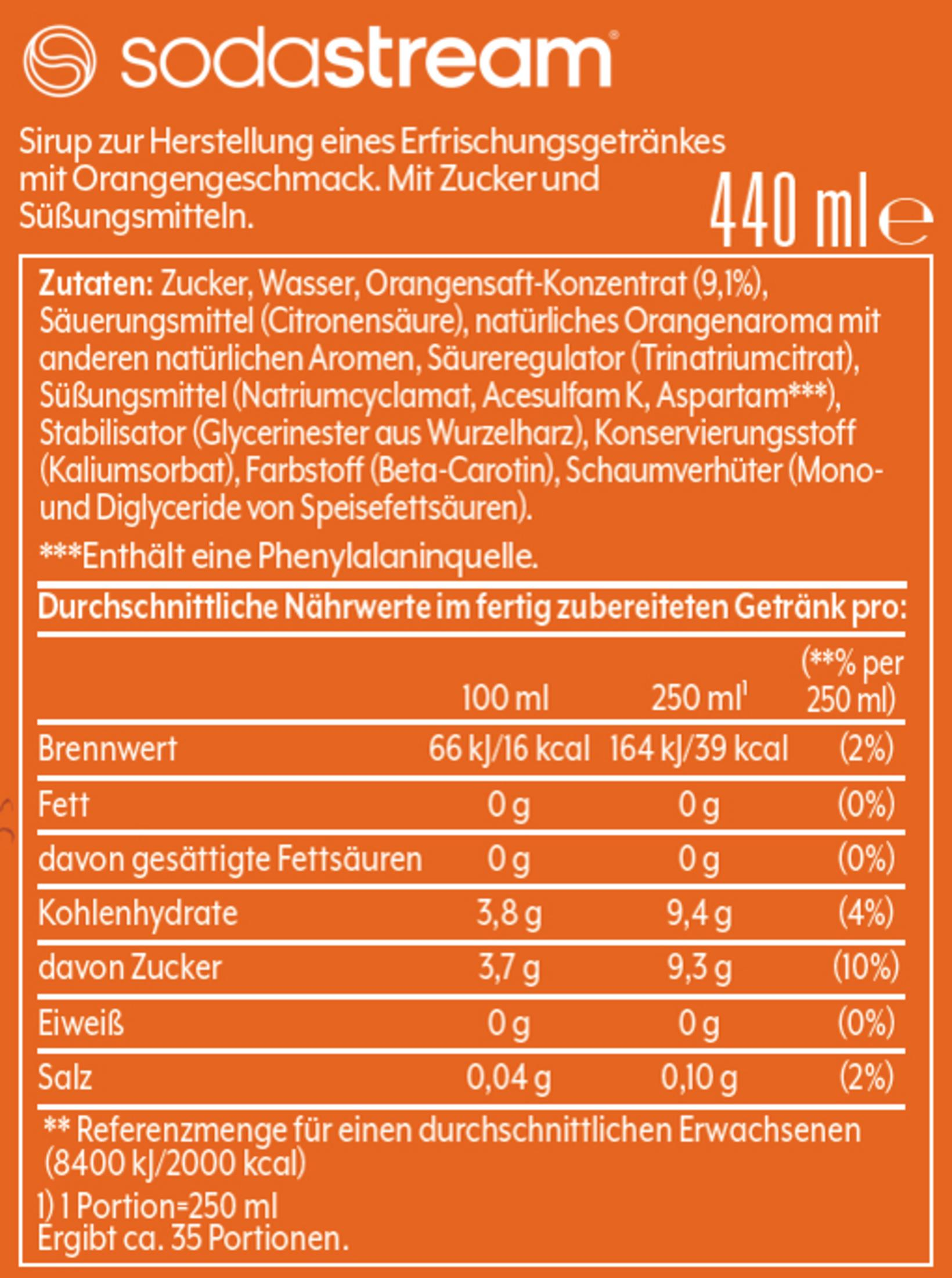 Etikett einer Orangensoda-Flasche mit Inhaltsstoffen und Nährwertangaben.