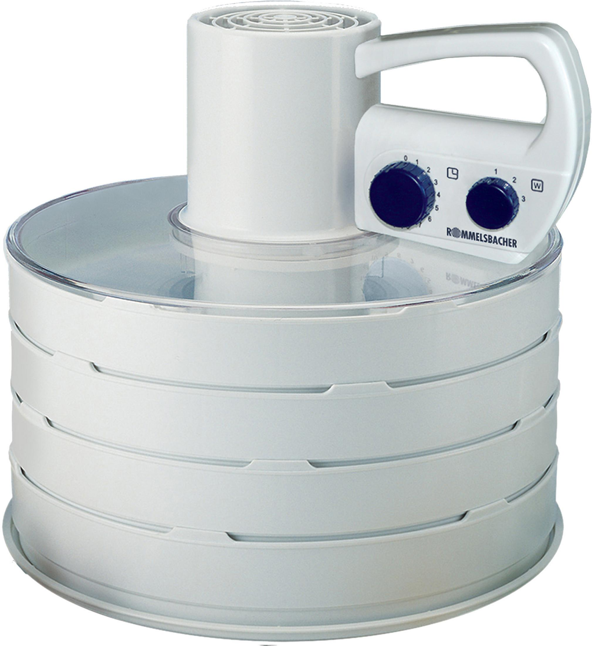 Biała suszarka do żywności z wieloma tacami i elementami sterującymi. Białe tło.