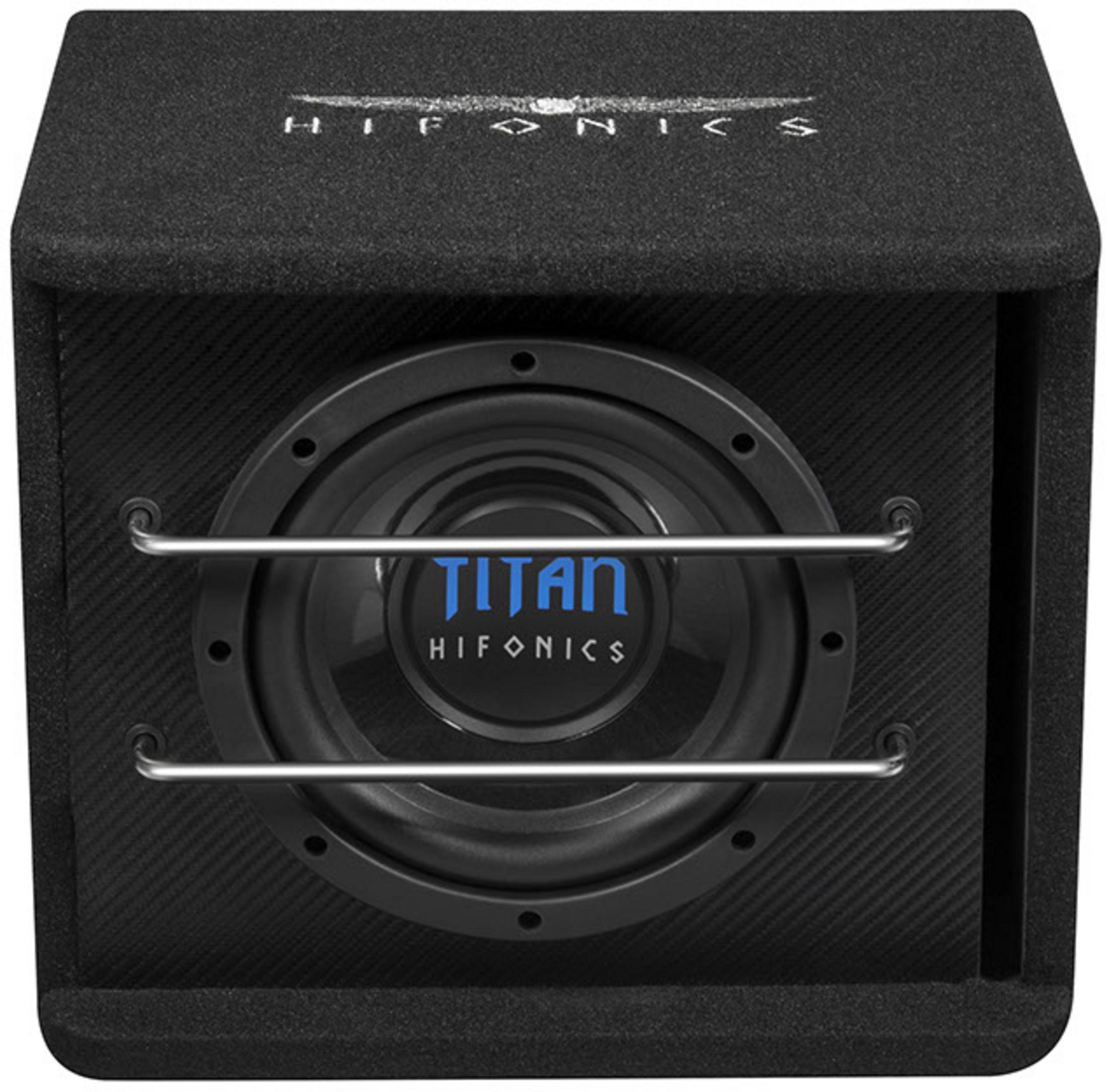 Ein schwarzer Subwoofer-Lautsprecher mit Metallgitter. Der Markenname 'Titan' ist sichtbar.
