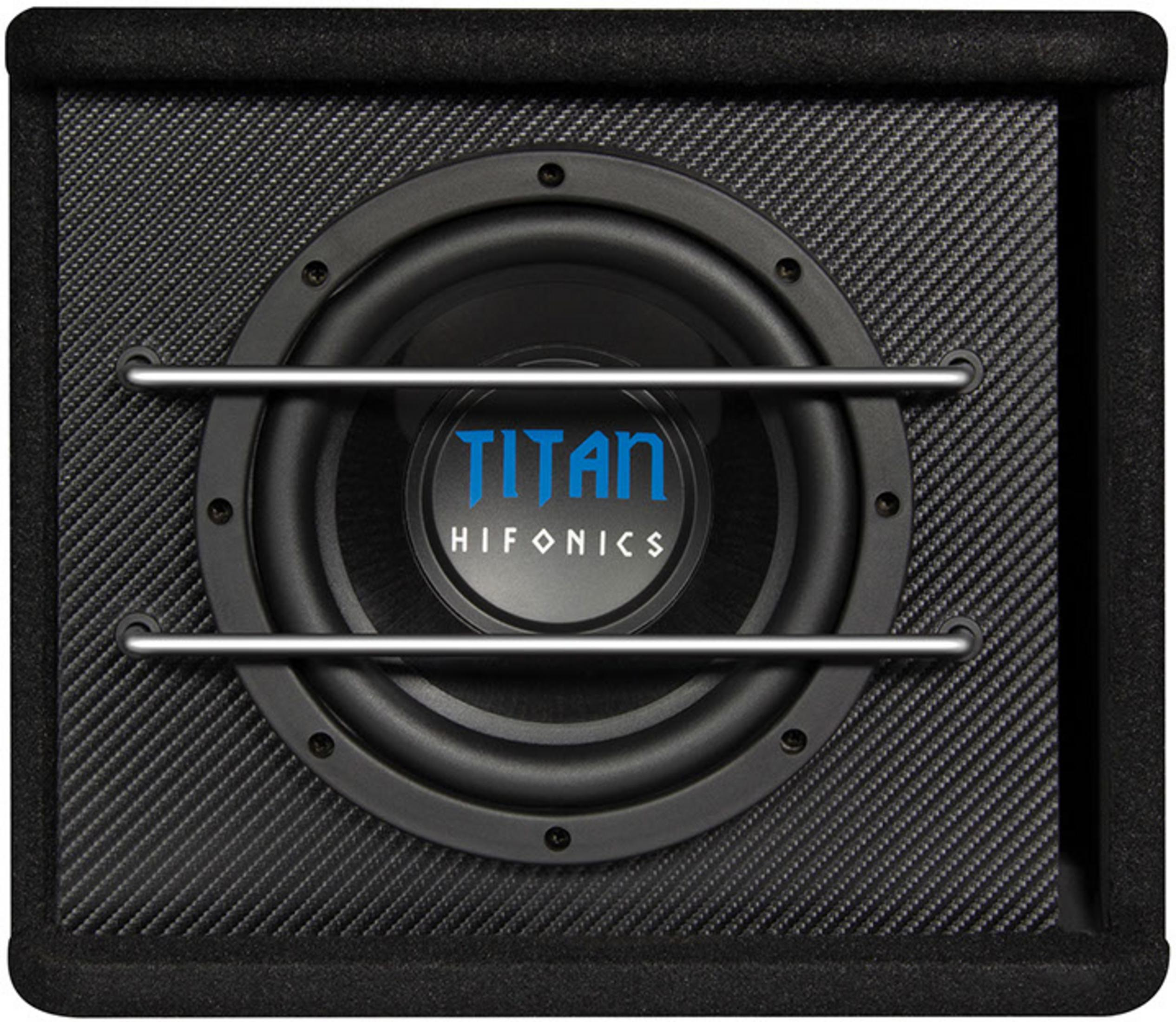 Ein schwarzer Subwoofer mit Lautsprecher und Metallstange.