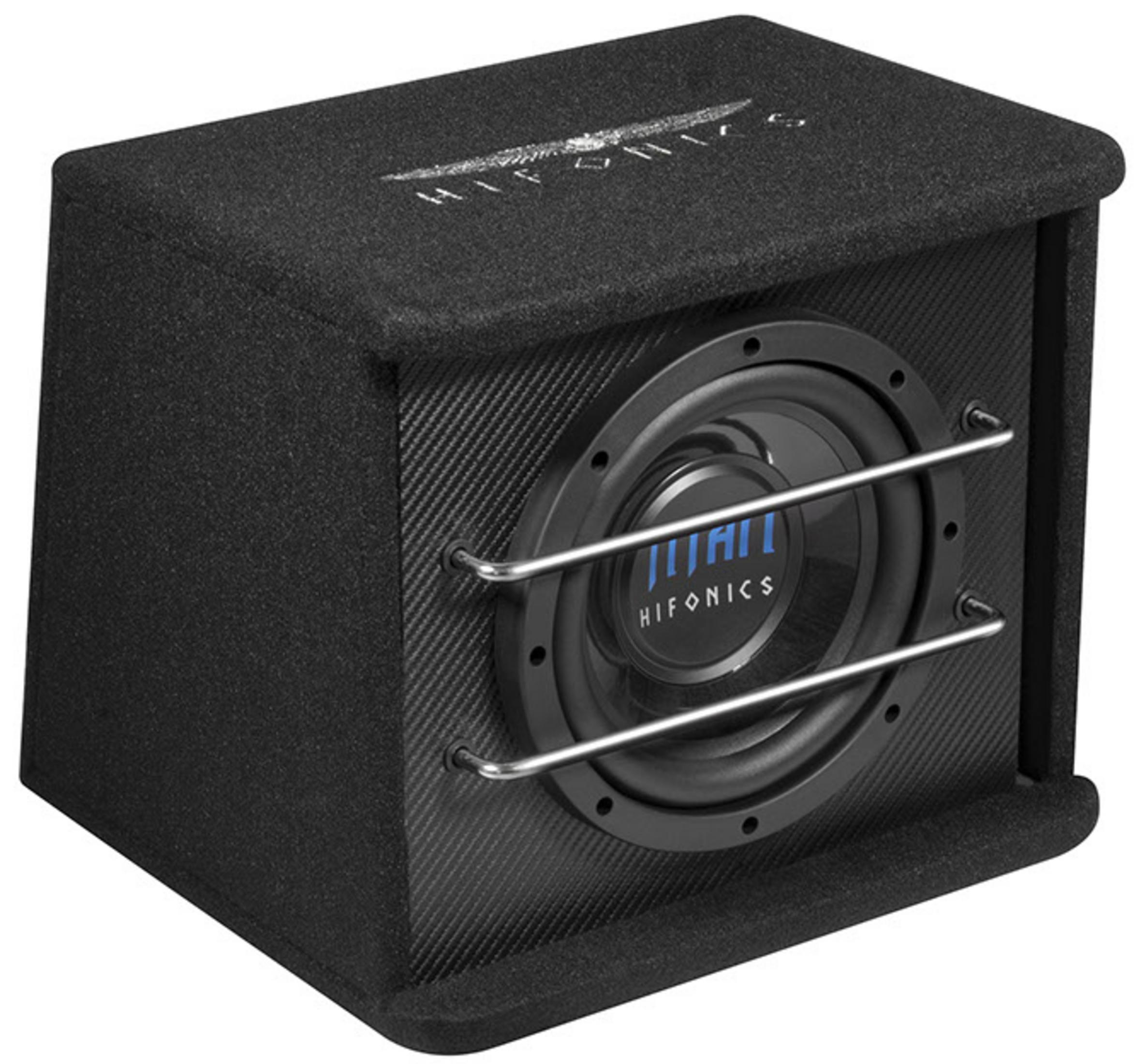 Schwarzer Subwoofer-Lautsprecher. Es ist eine Kastenform, mit einem sichtbaren Lautsprecher. Hifonics steht drauf.
