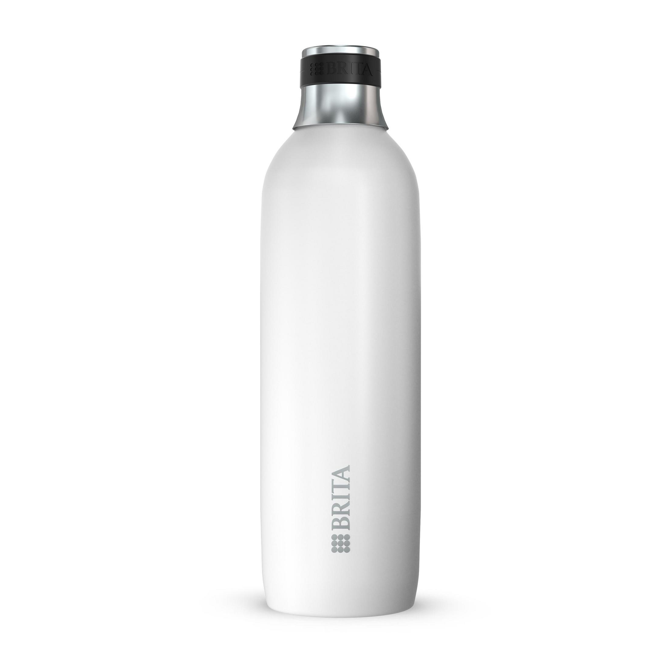 Weiße Wasserflasche. Silberner Deckel mit schwarzem Aufsatz. Der Markenname BRIT ist sichtbar.