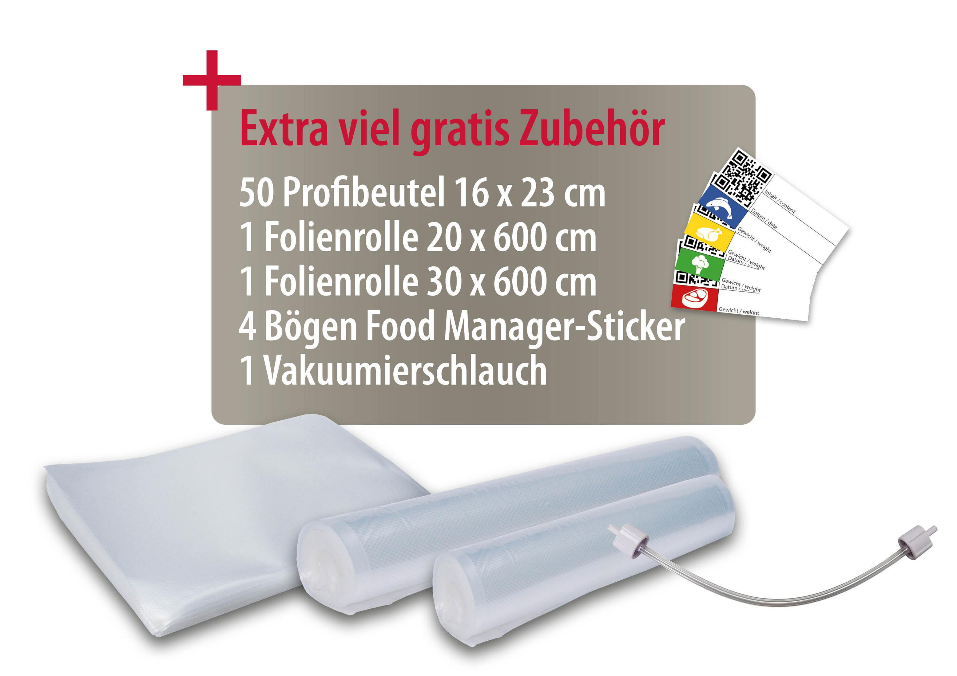 Accessori per termosigillatrici sottovuoto: sacchetti, rotoli e un tubo con codice QR.