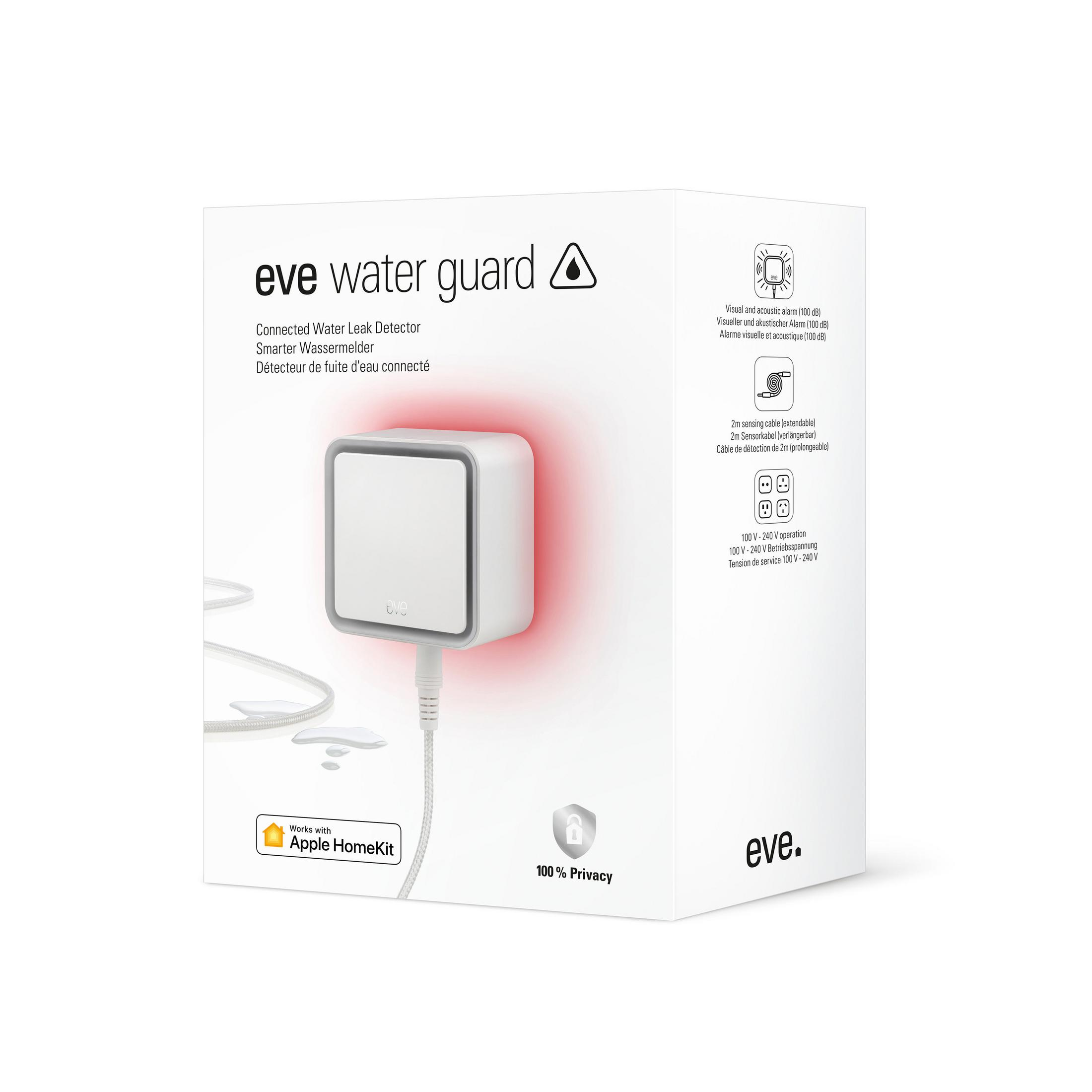 Weiße Box mit einem Wasserleckdetektor. Der Detektor leuchtet rot, mit angeschlossenem Kabel.