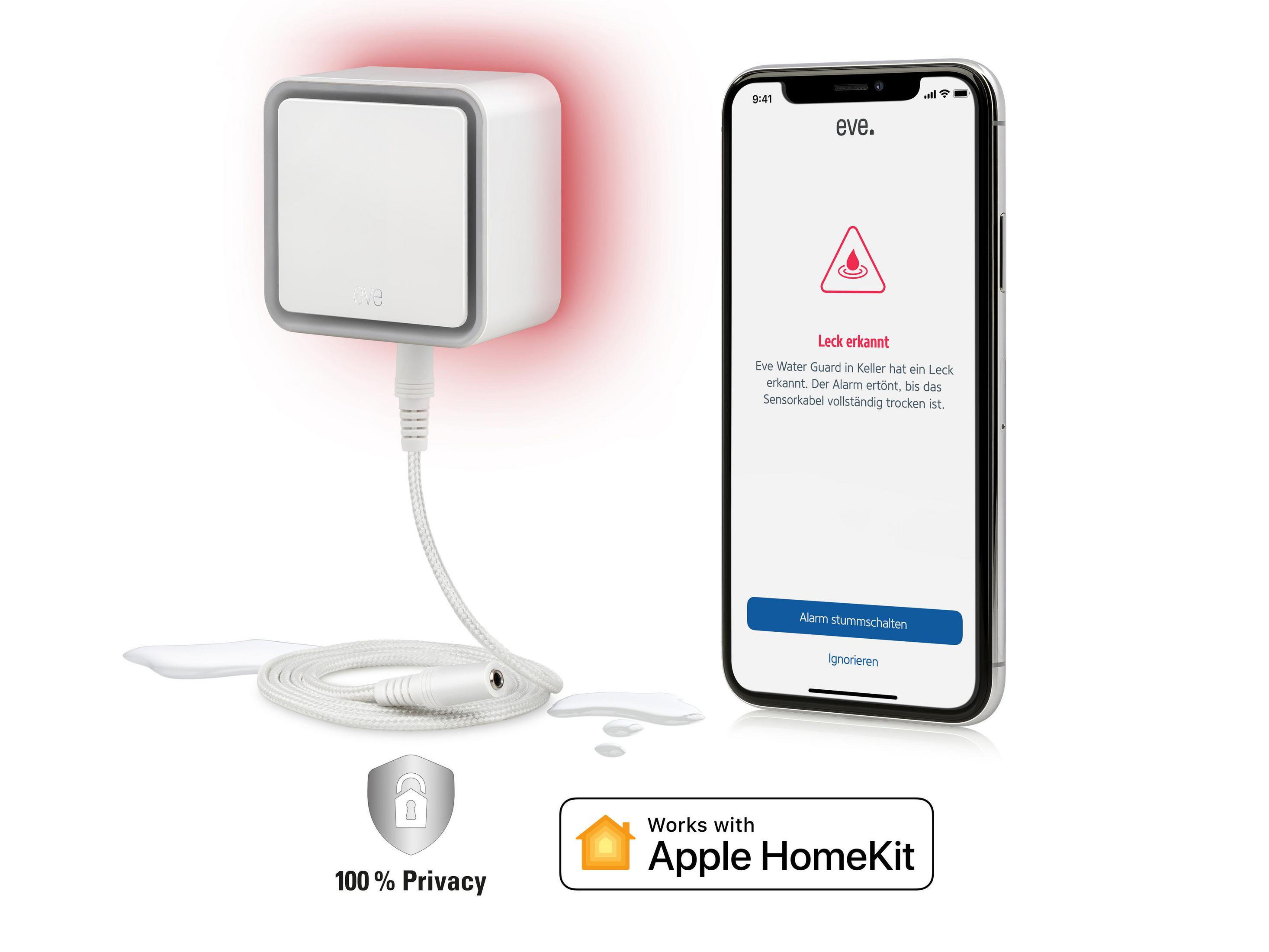 Weißes Smart-Home-Gerät mit rotem Leuchten, verbunden mit einem Telefon, das einen Leckalarm anzeigt.