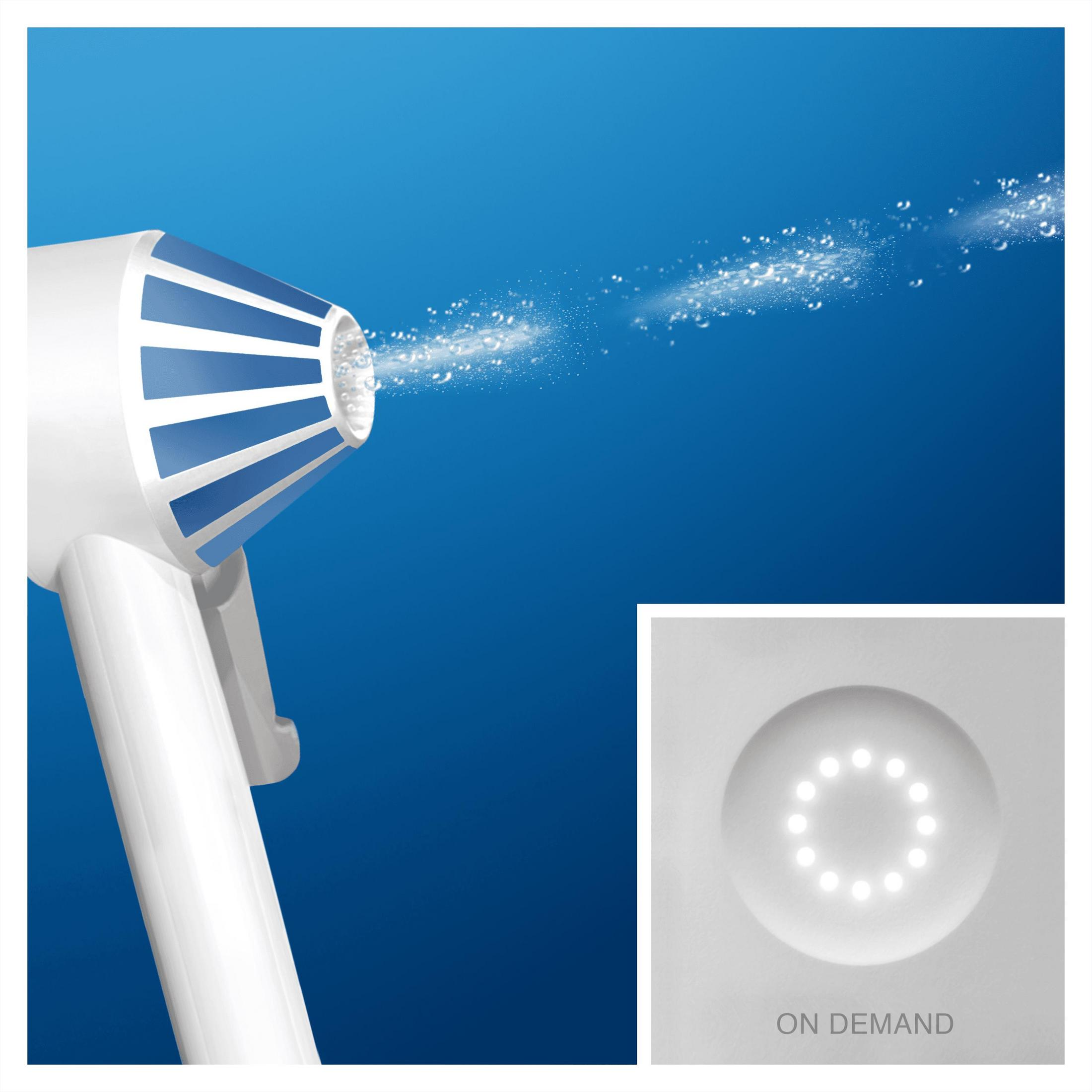 Weißes Gerät mit Wasserspray. Es hat blaue Streifen und ein kleines On-Demand-Licht.