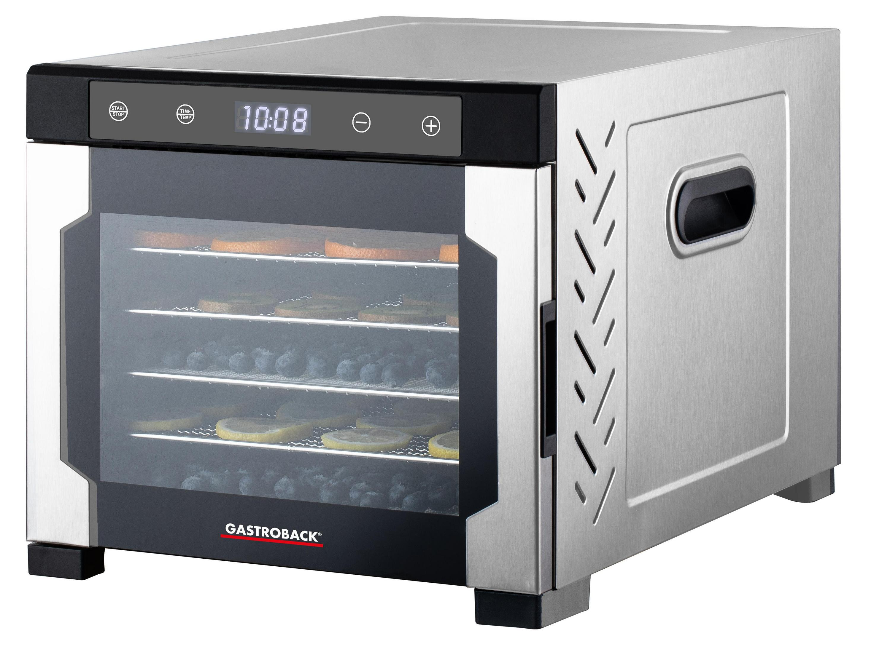 Un essiccatore per alimenti in acciaio inox con pannello di controllo nero e porta in vetro.