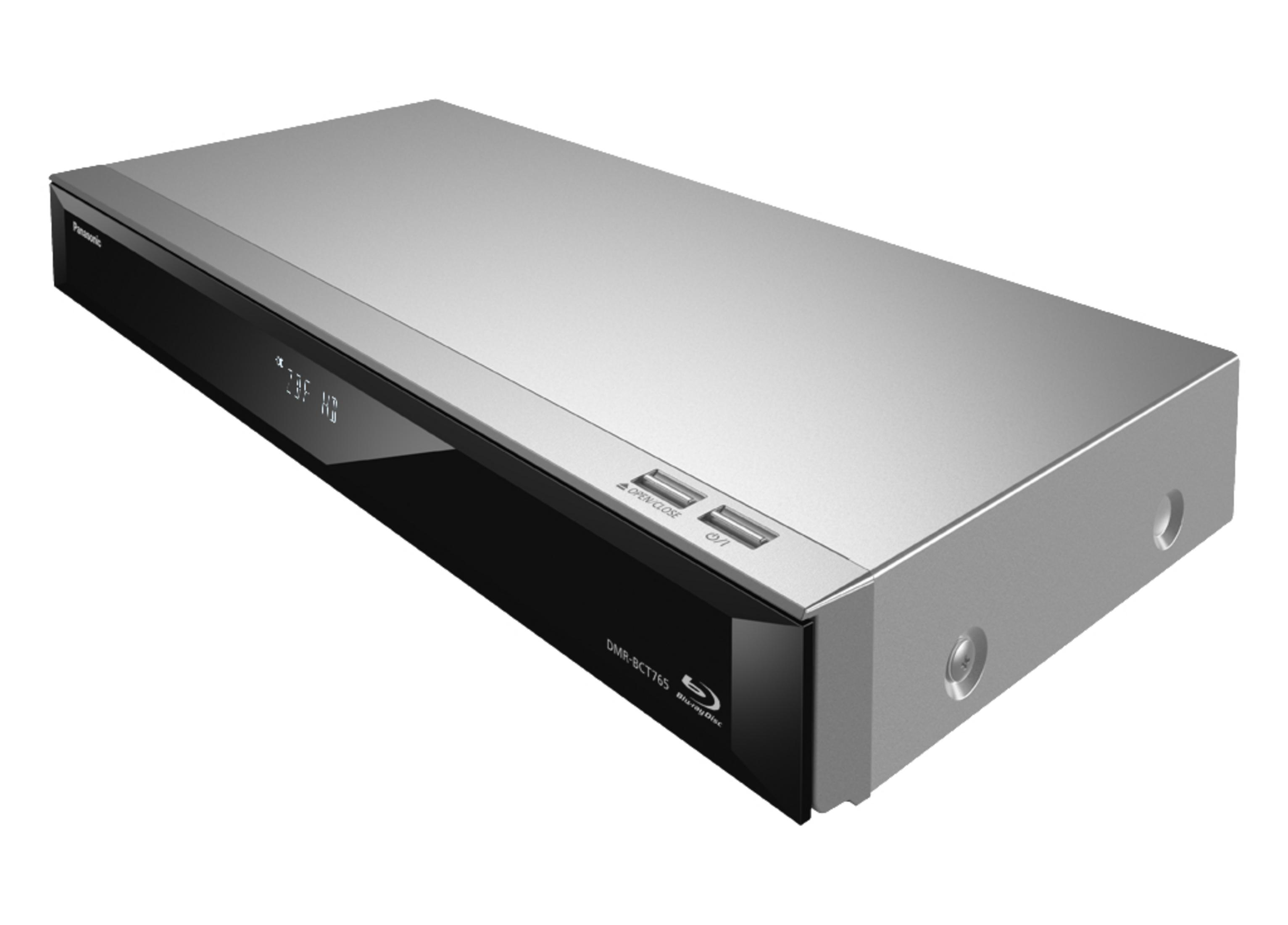 Ein silberner Blu-ray-Player mit schwarzer Frontblende, zeigt Text und Anschlüsse.