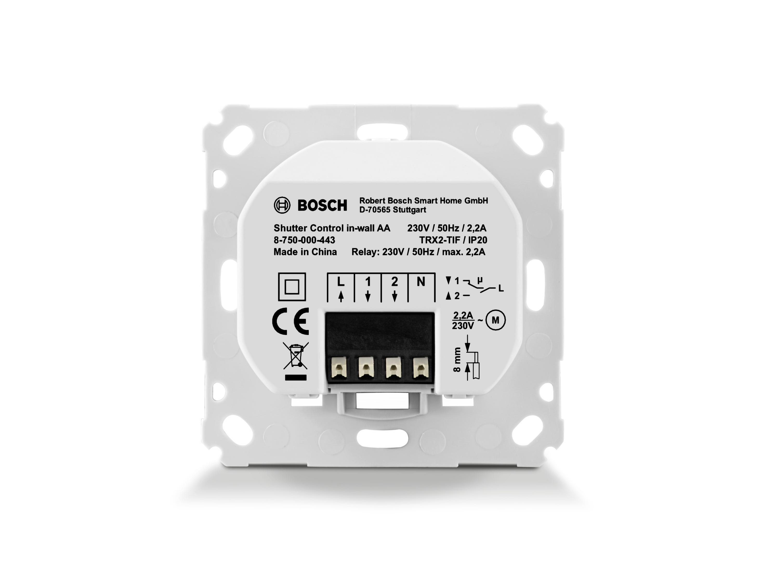 Rückseite einer Bosch Smart Home Steuerung. Schwarz und weiß mit Text und Symbolen.