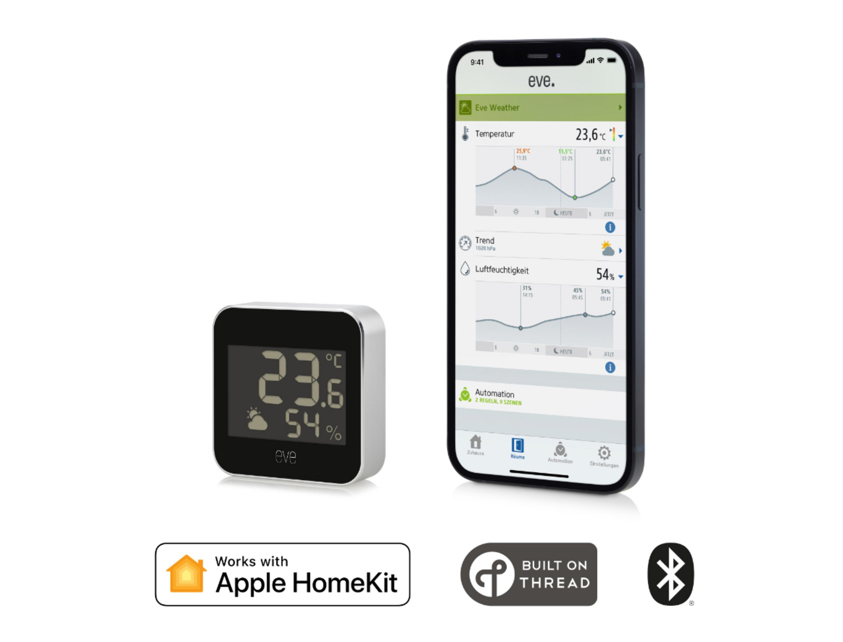 Ein Smart-Home-Gerät. Zeigt Zeit, Temperatur und Luftfeuchtigkeit auf dem Bildschirm und ein Smartphone.